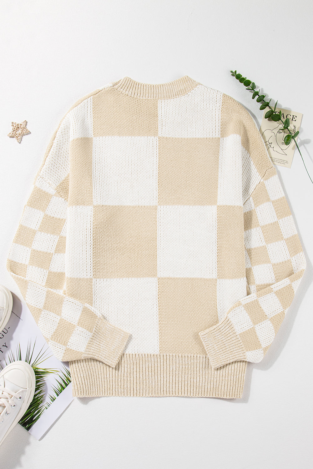 Flaxen Checkered Print Drop Shoulder Sweater eAura