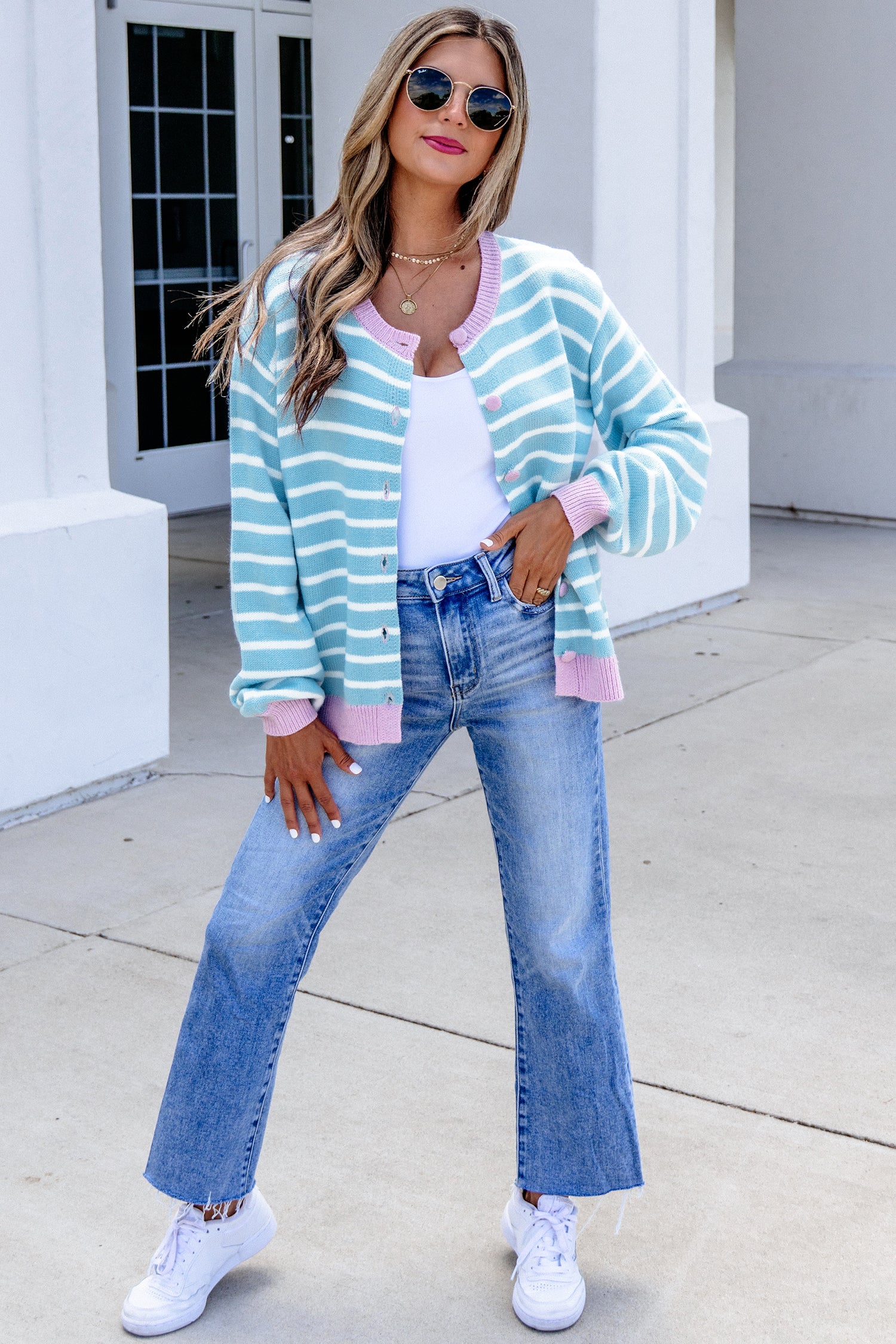 Contrast Trim Button Down Casual Sweater Cardigan – Sky Blue Stripe