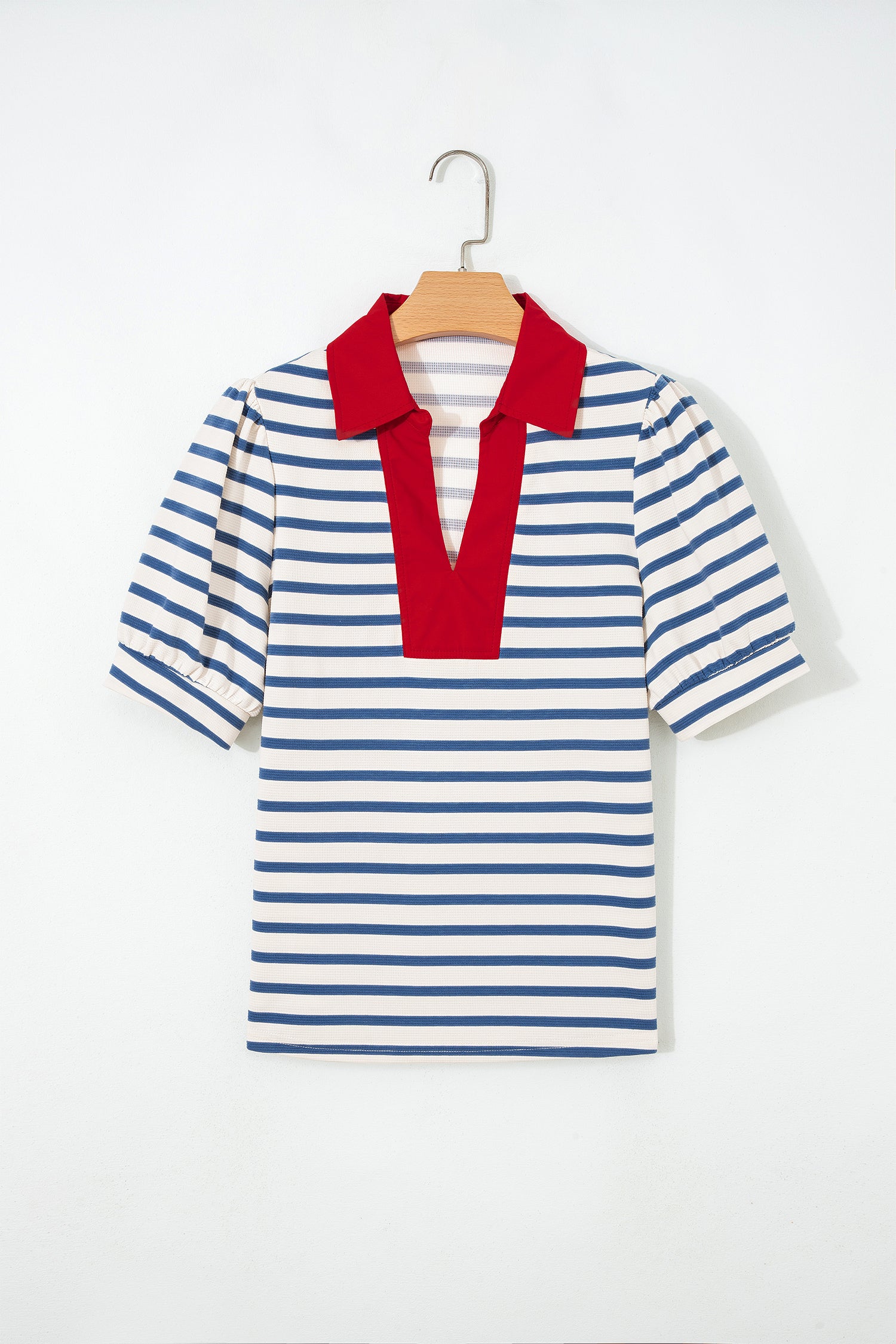 Short Puff Sleeve Color Block Polo Collar Blouse – Pink Stripe