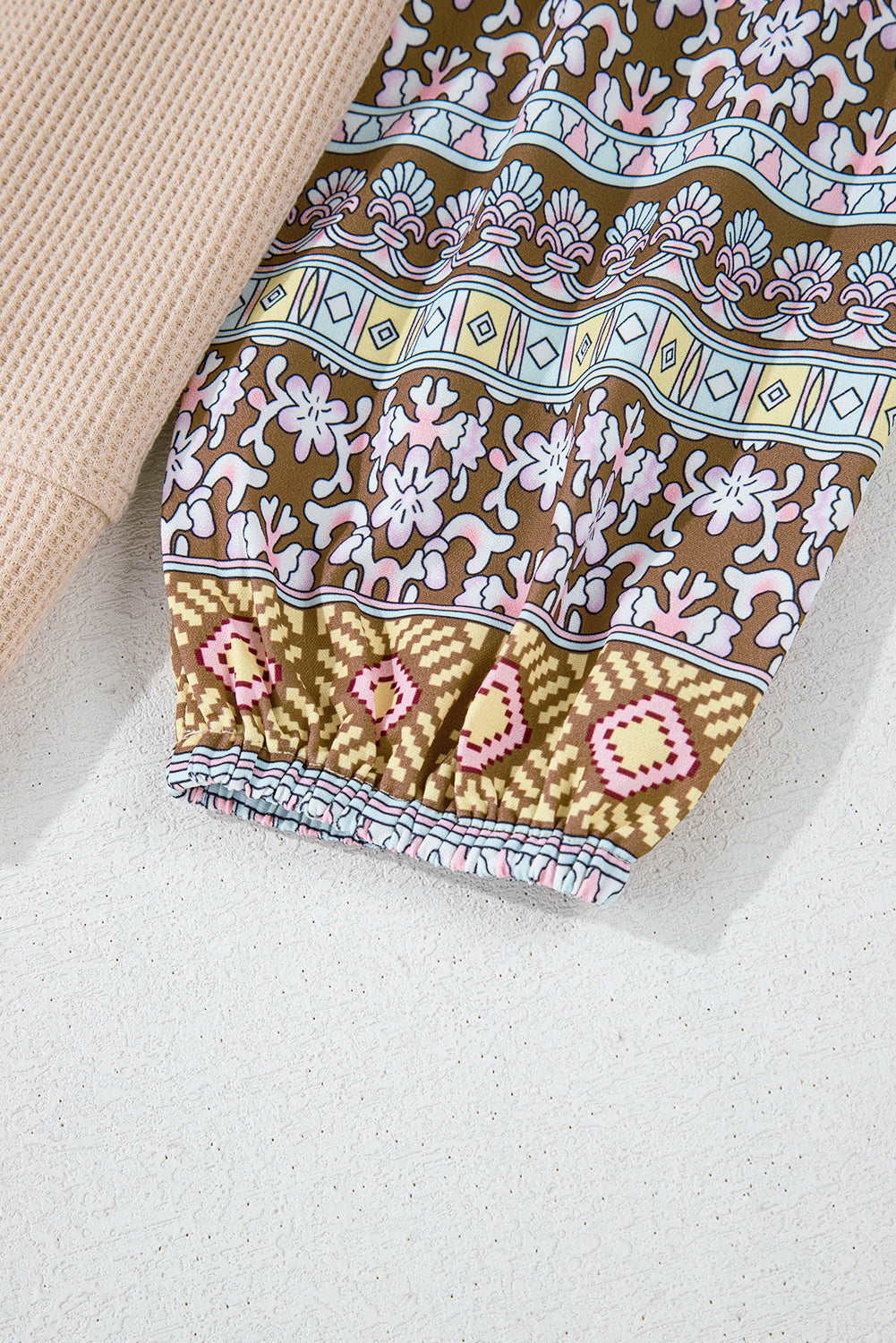 Parchment Contrast Floral Patchwork Puff Sleeve Waffle Knit Top eAura