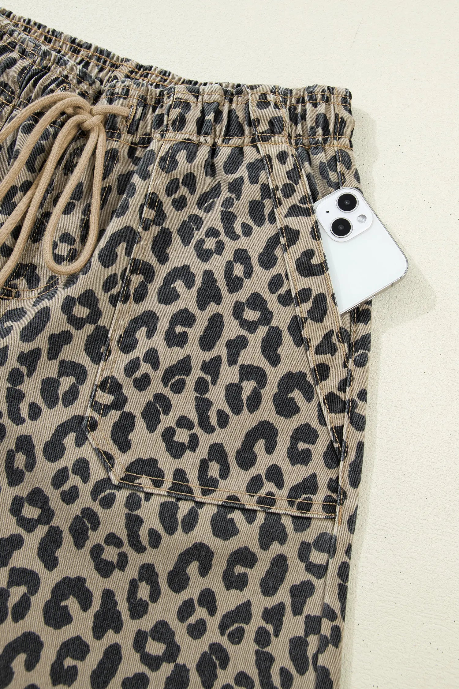 Khaki Leopard Print Drawstring Elastic Waist Loose Denim Pants with Pockets