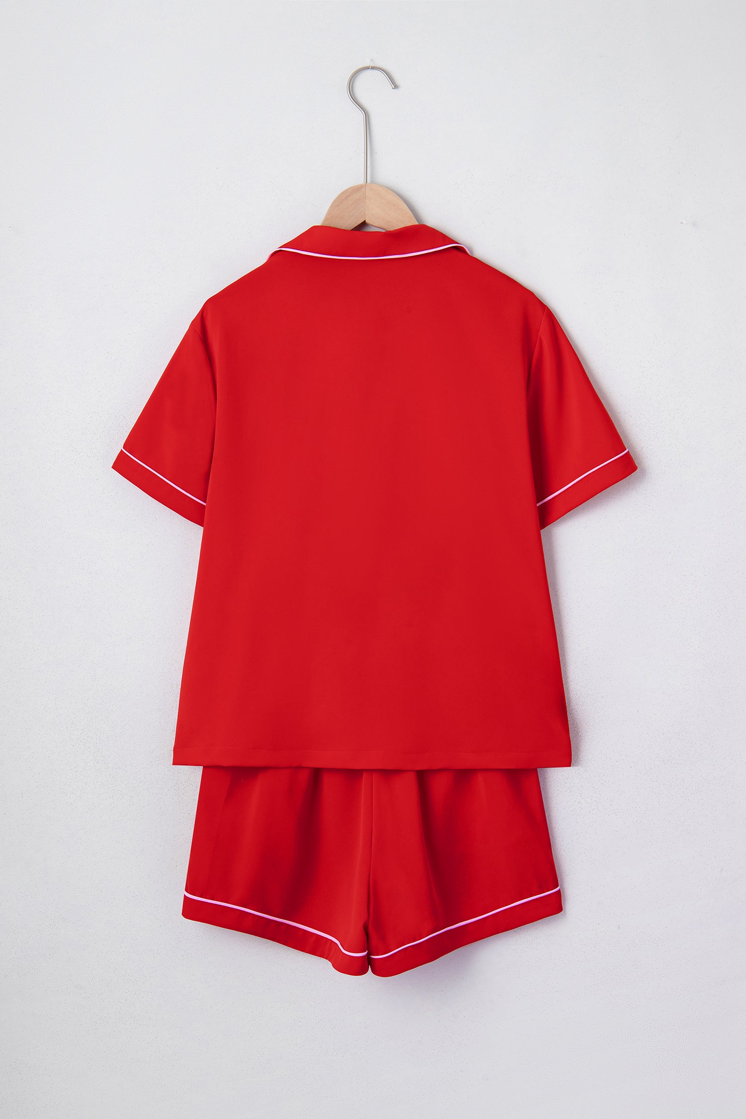 Contrast Trim Ribbon Bow Short Silky 2pcs Pajama Set – Fiery Red