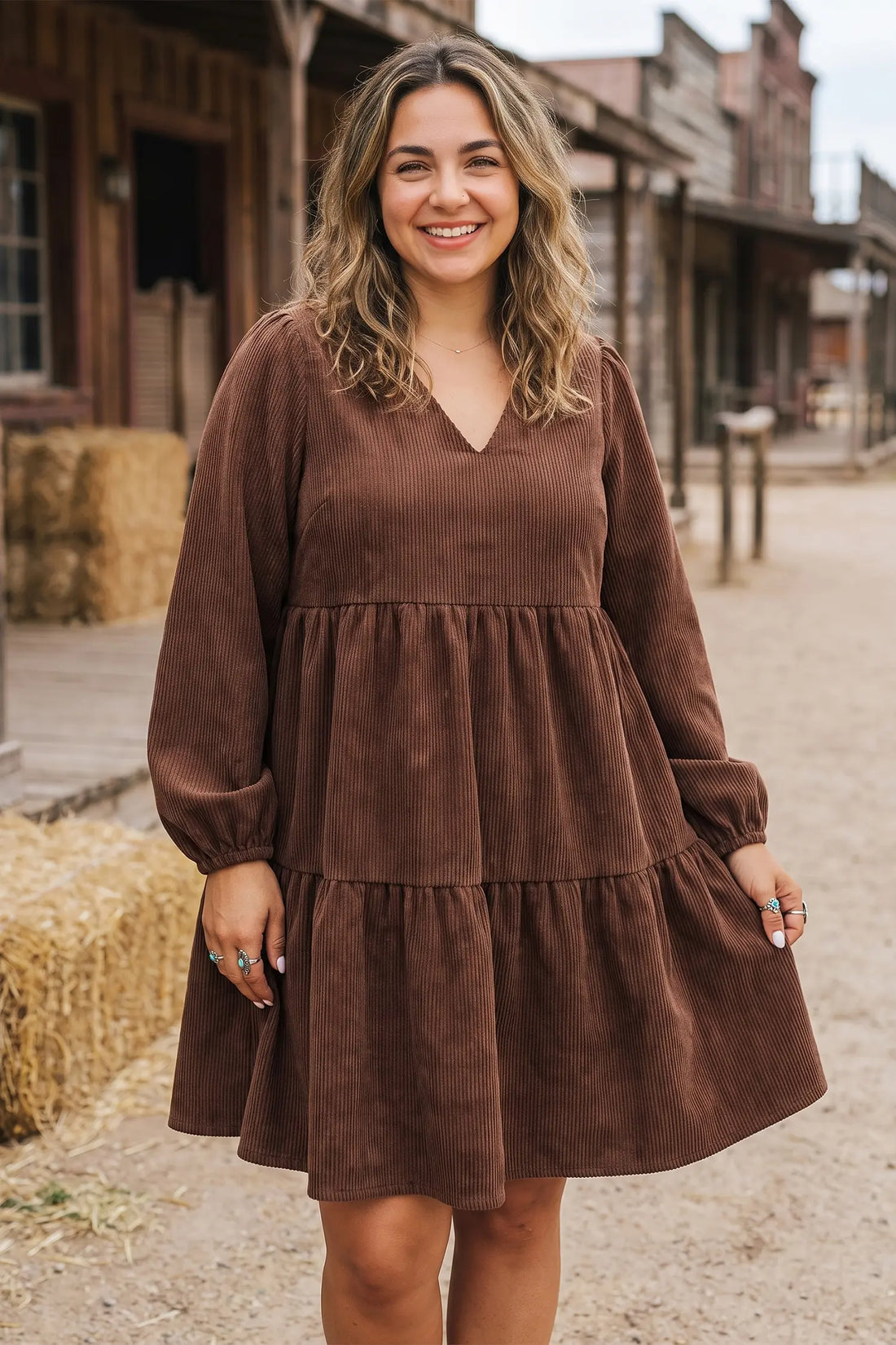 Coffee Winter Ribbed V Neck Long Sleeve Plus Size Mini Dress