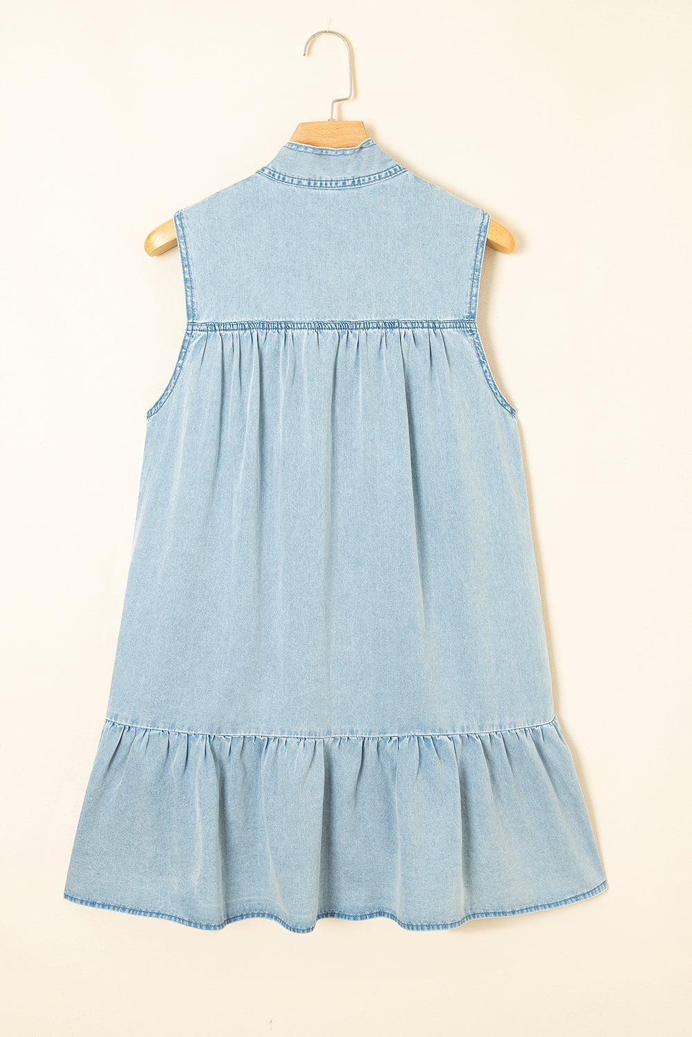 Beau Blue Bowknot Neck Sleeveless Ruffled Chambray Dress - eAura