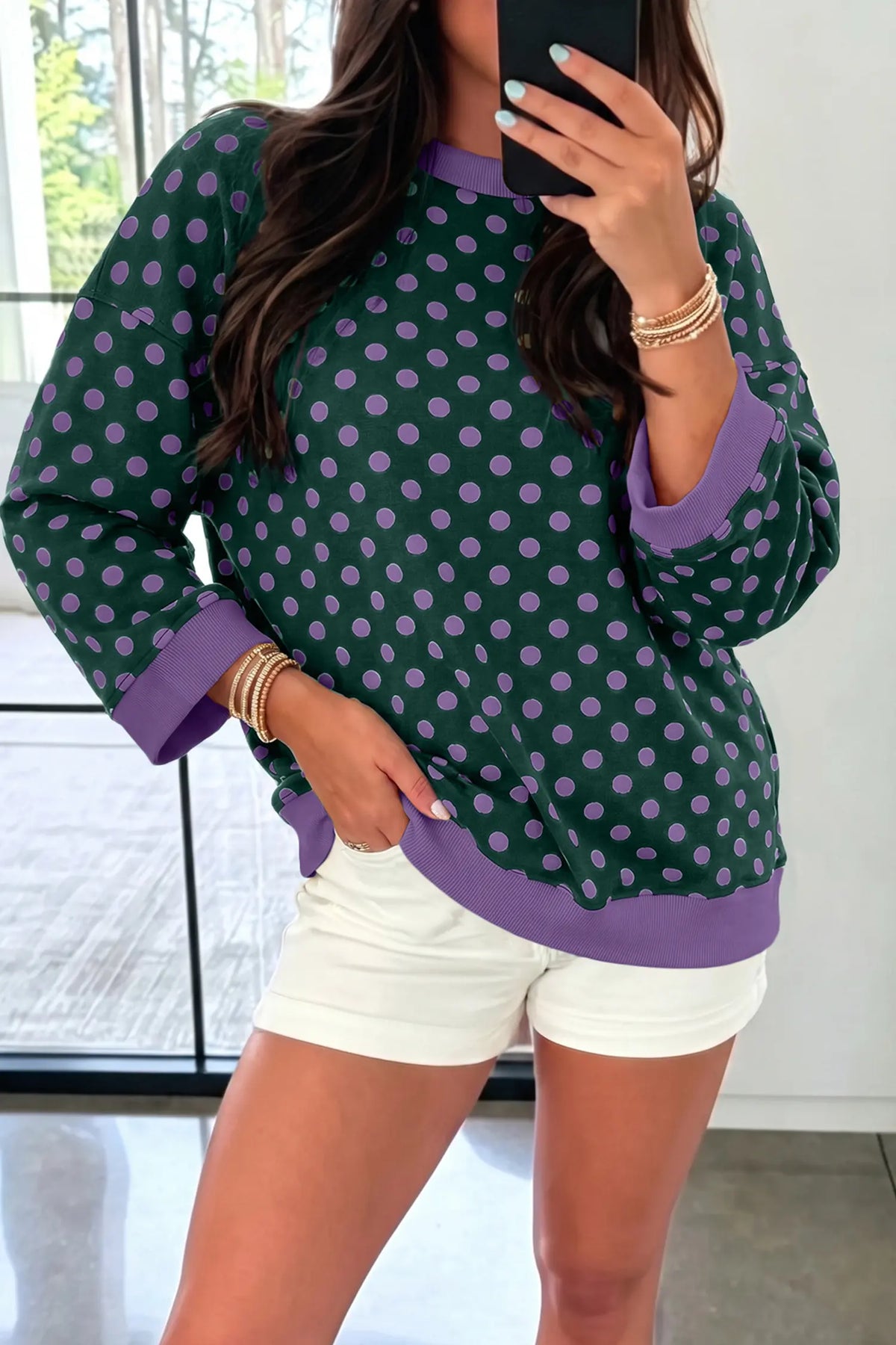 Round Neck Bracelet Sleeve Top - Polka Dot Print