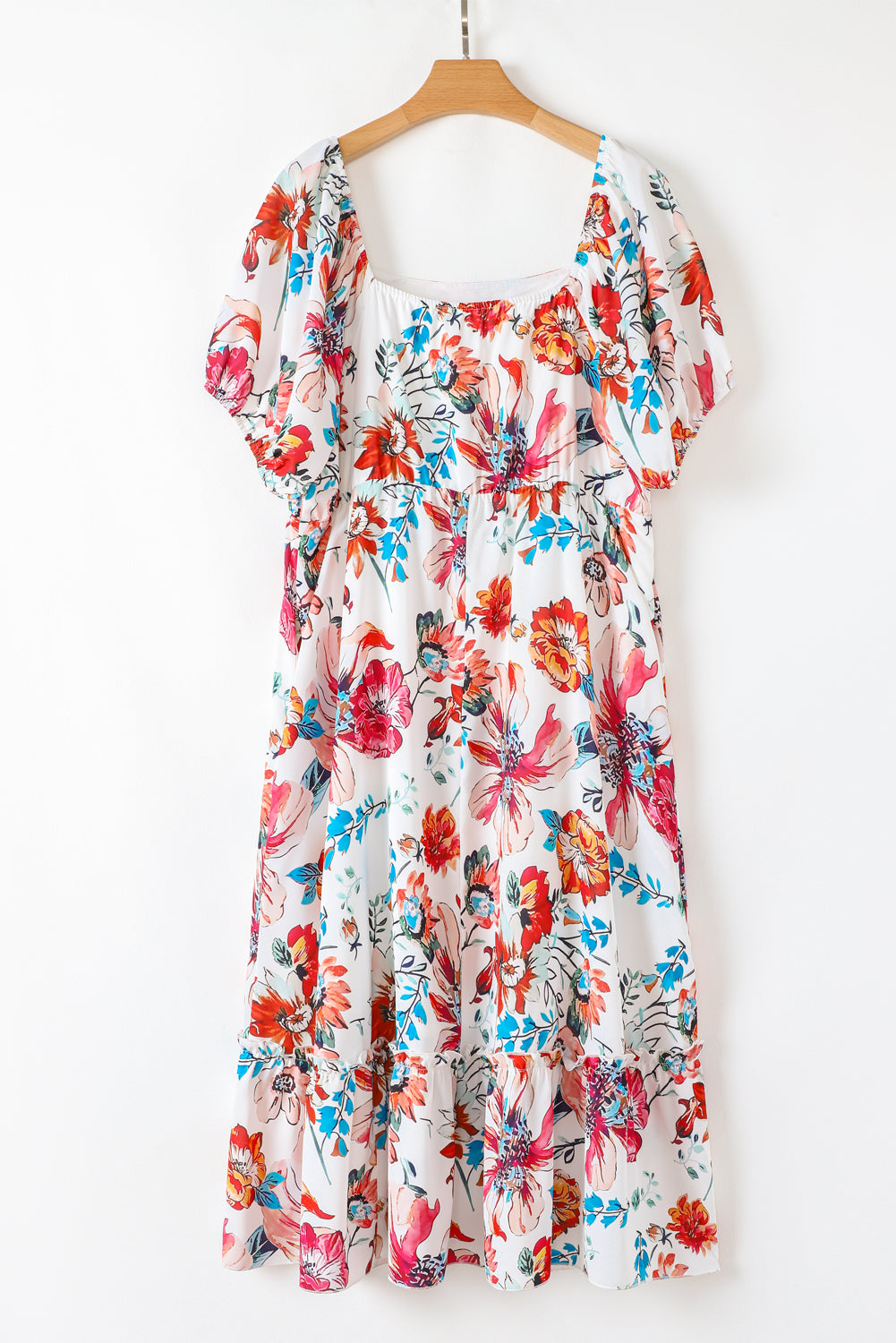 White Floral Square Neck Puff Sleeve Flowy Plus Size Midi Dress BB Fashion Outlet