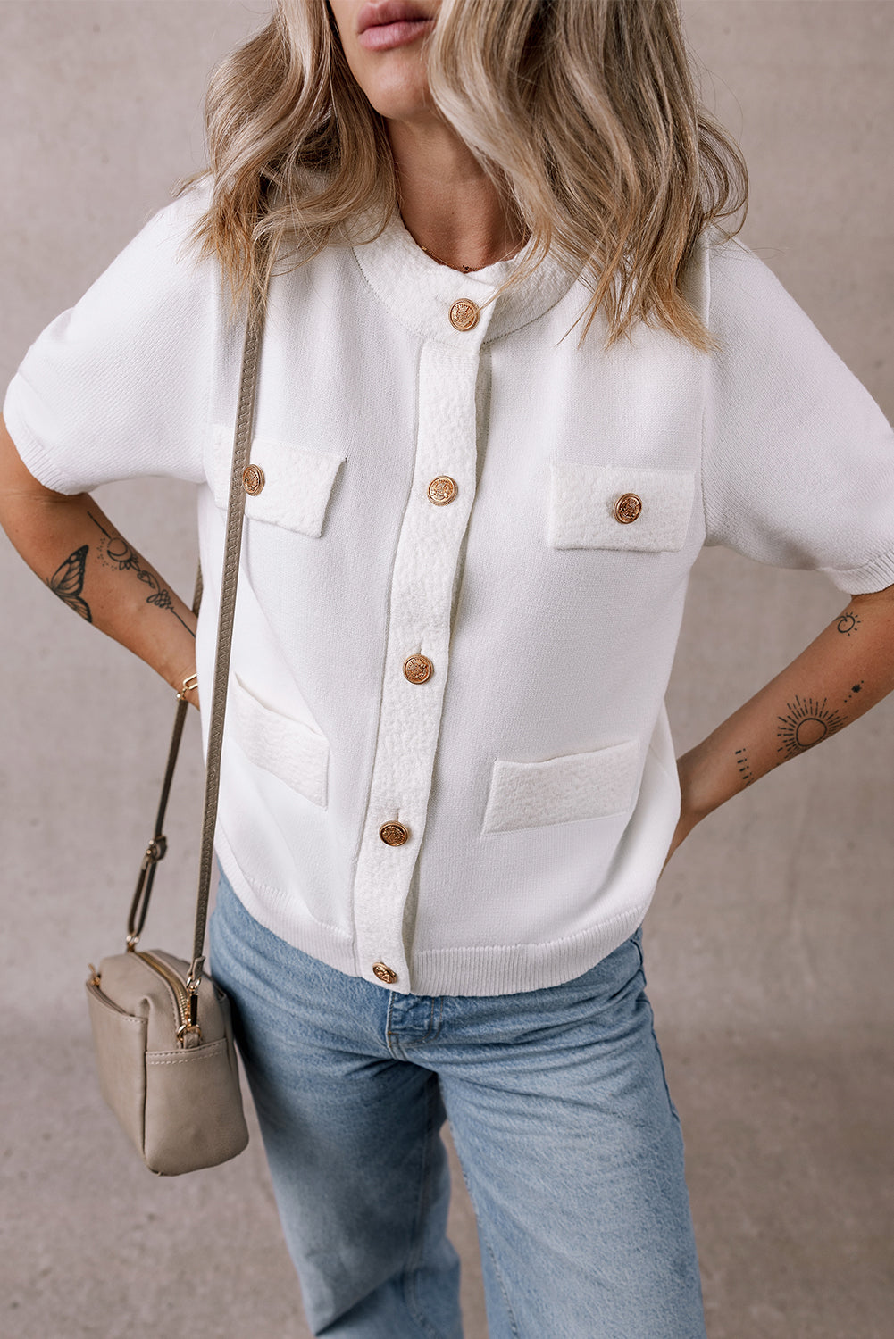 White Gold Buttons Textured Sweater T Shirt eAura