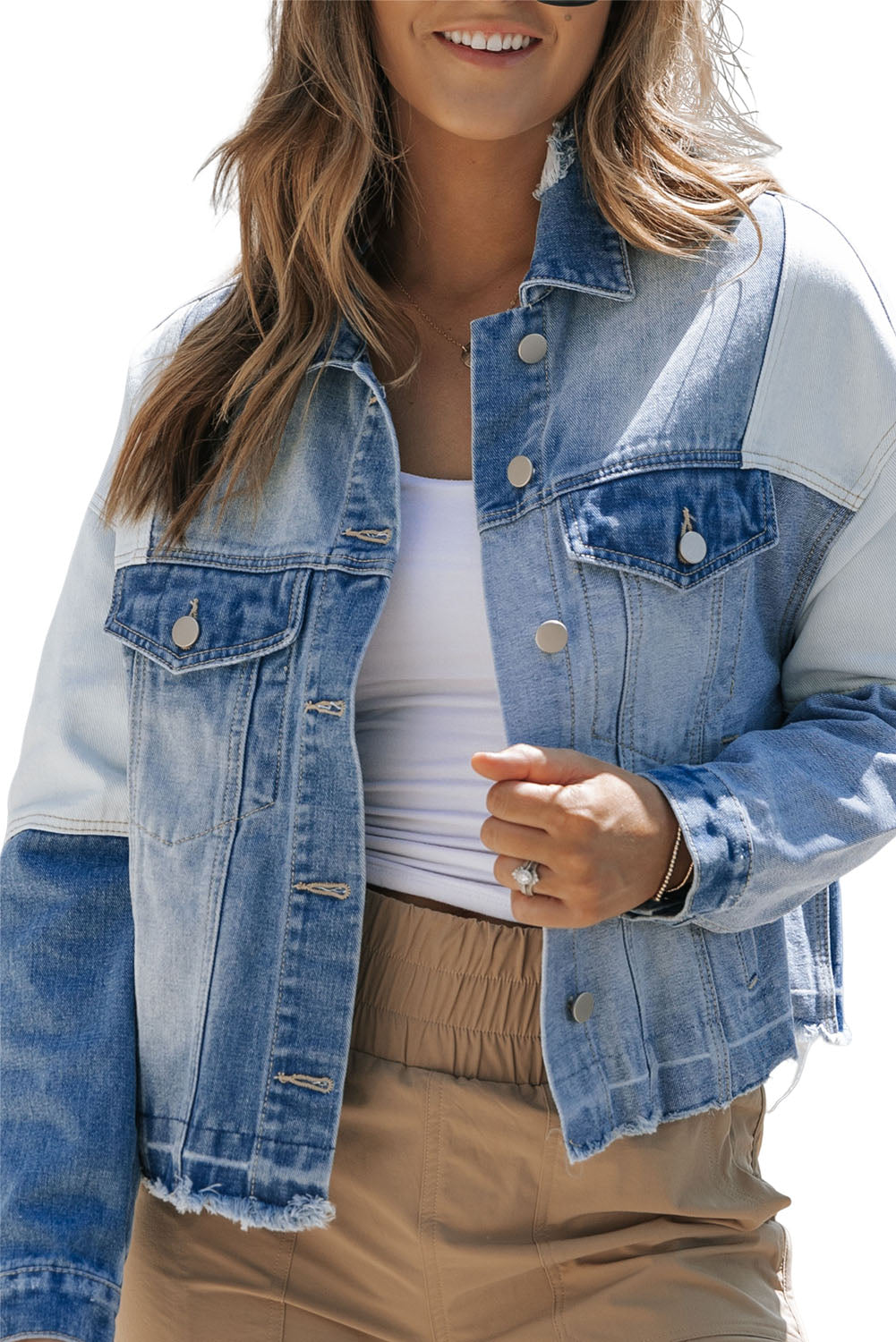 Sky Blue Colour Block Denim Patchwork Frayed Hem Jacket Beagle Boutique Fashion Outlet