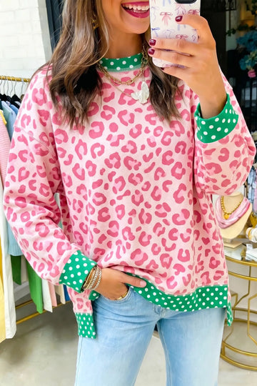 Leopard Polka Dot Colourblock Trim Long Sleeve Top – Khaki