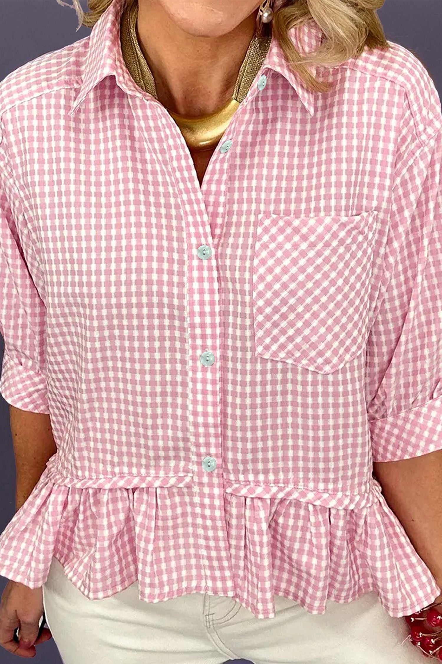Plaid Half Sleeve Ruffle Hem Button Down Shirt – Pink