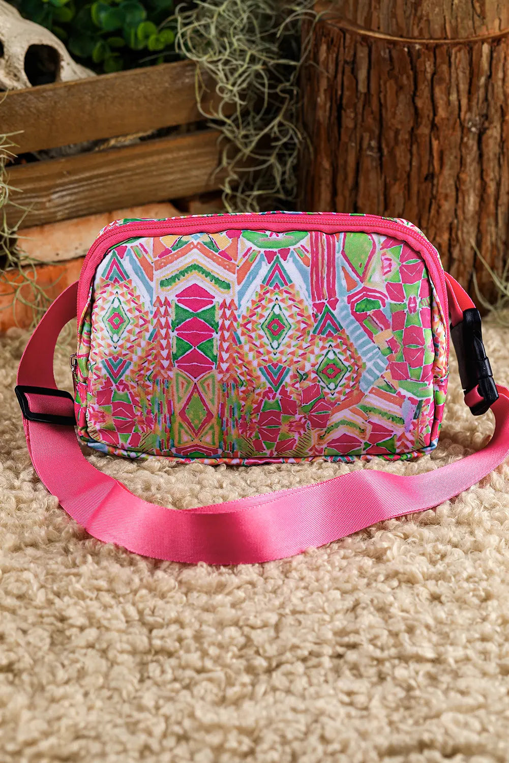 Rose Red Western Print Buckle Wide Belt Chest Bag