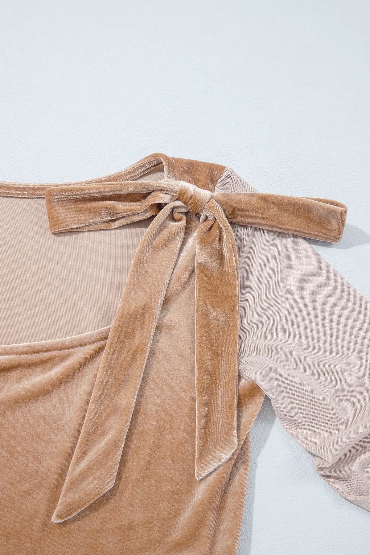 Solid Colour Velvet Knot Square Neck Sheer Long Sleeve Bodysuit – Light French Beige