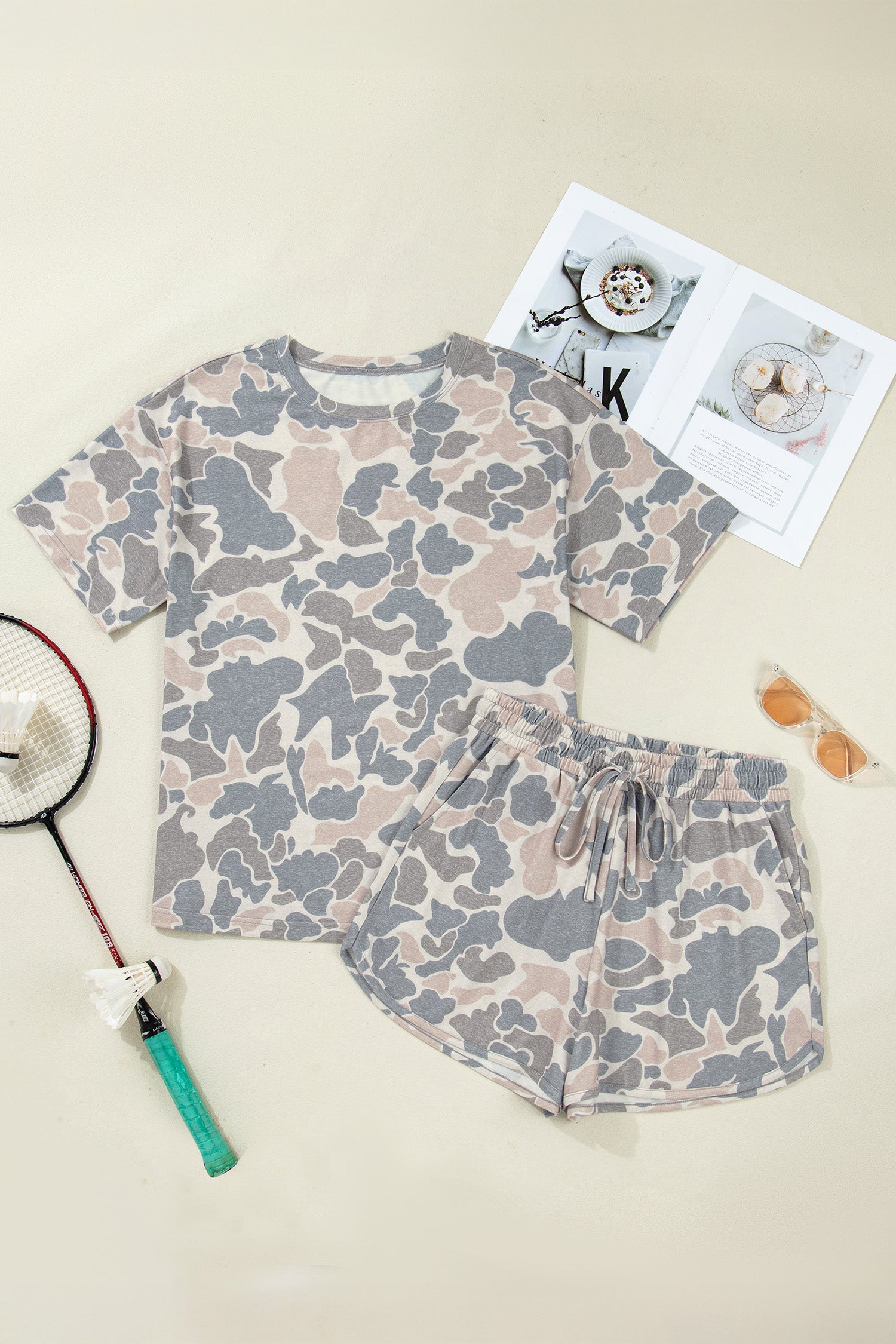 Camouflage Loose Tee Drawstring Shorts 2pcs Outfit – Multicolour