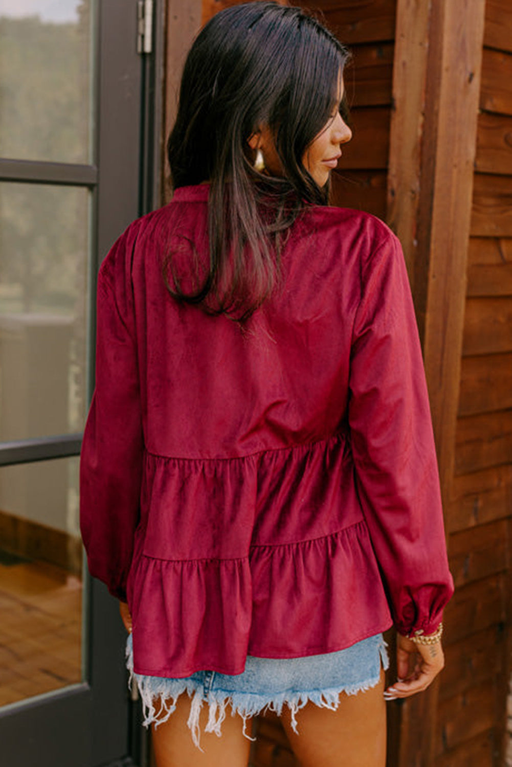 Burgundy Corduroy Ruffle Tiered Buttoned O Neck Shirt eAura