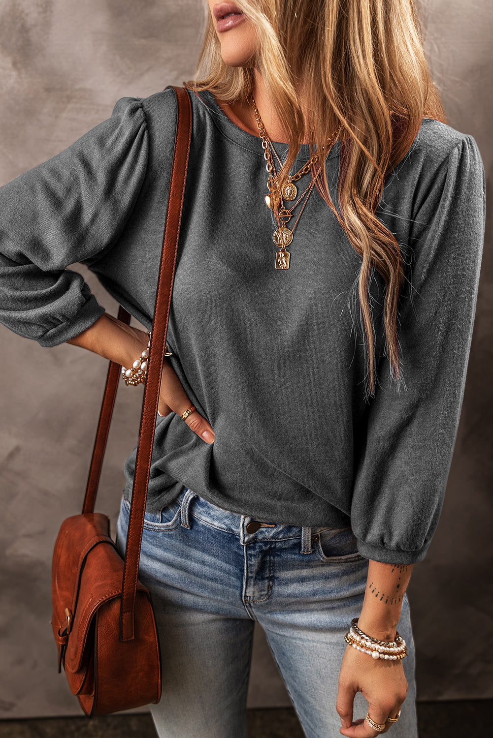 Black Solid Colour 3/4 Sleeve Round Neck Blouse eAura