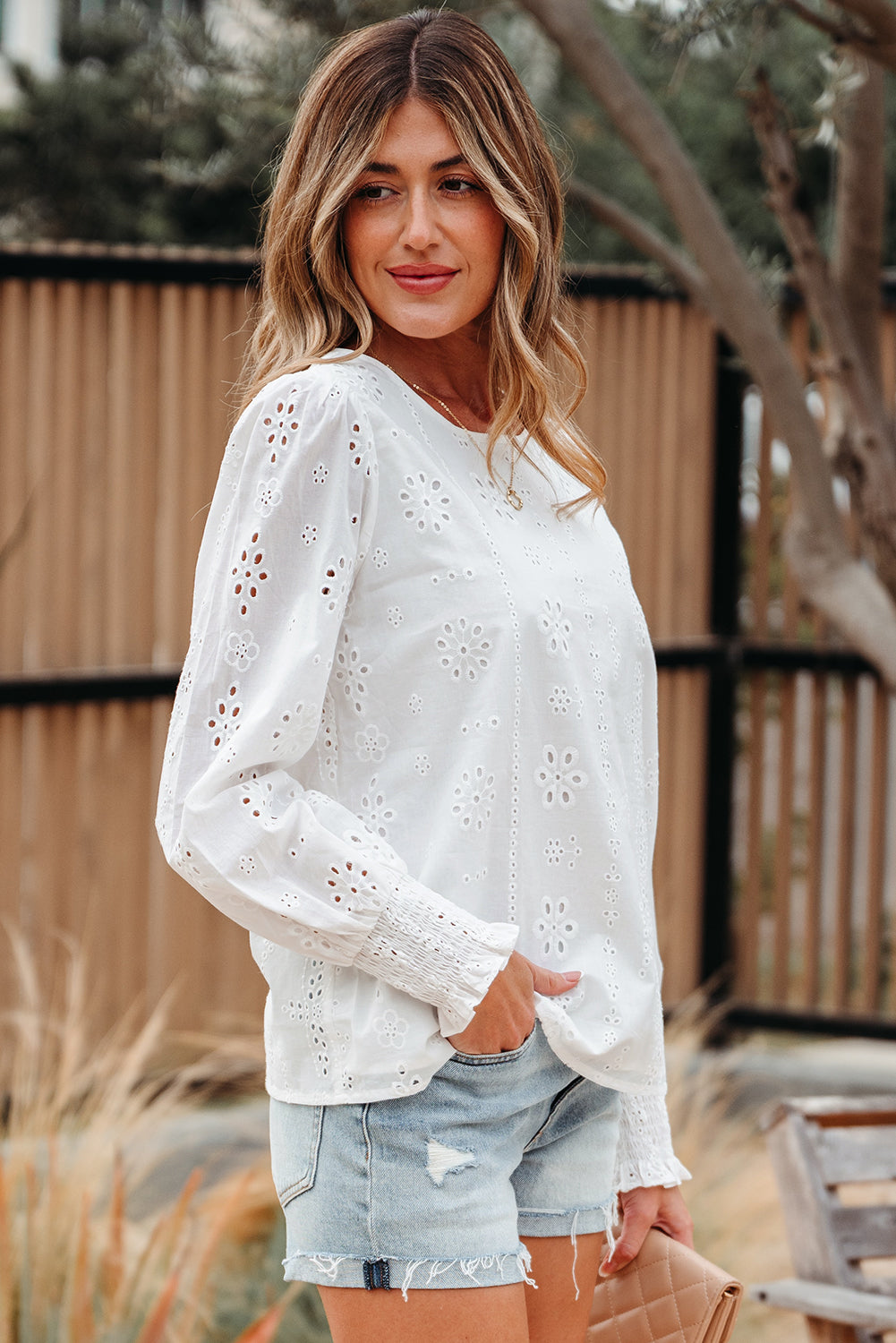 White Eyelet Embroidered Smocked Cuff Sheer Blouse eAura
