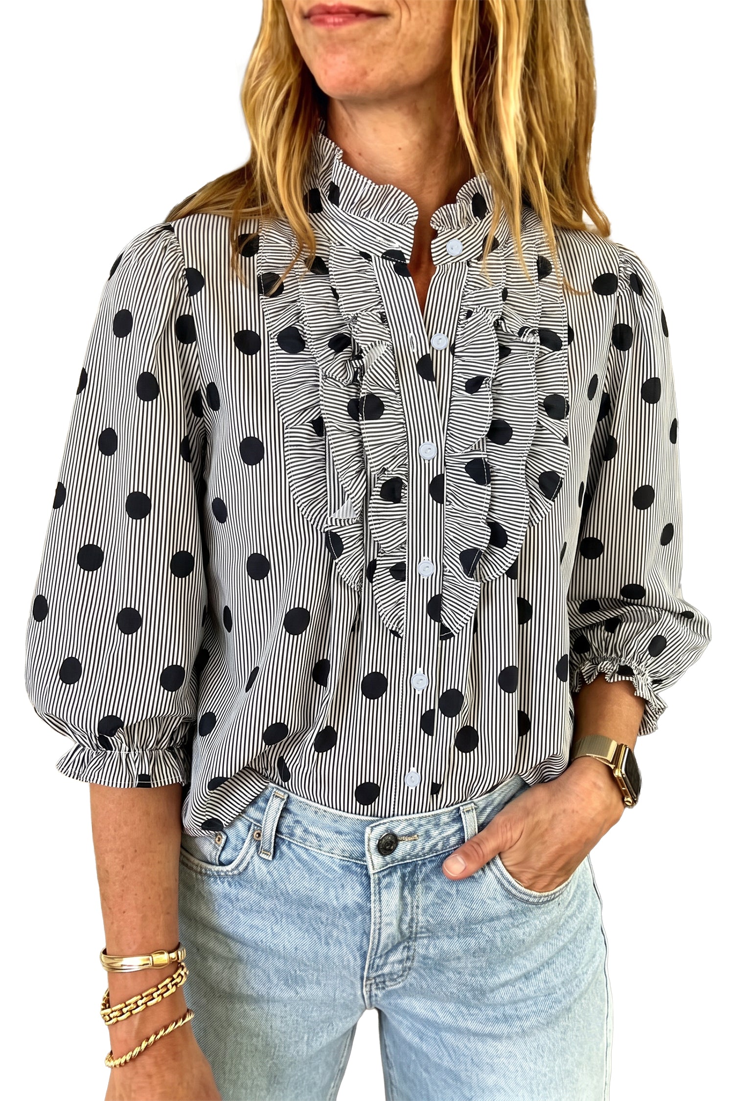 Polka Dot Striped Print Ruffle Stand Neck 3/4 Sleeve Shift Shirt – Black White