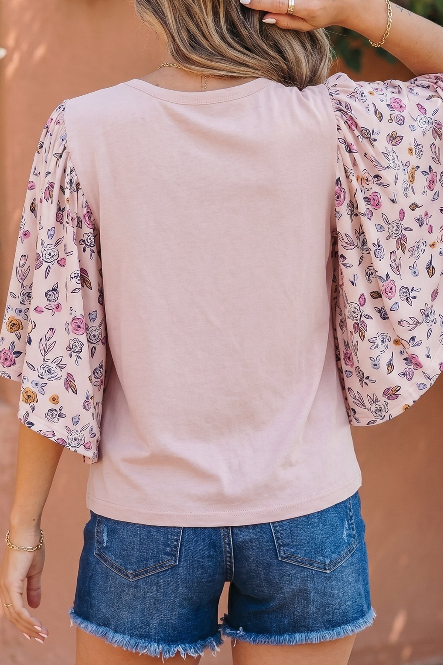 Floral Patchwork Flowy Half Sleeve Blouse – Pink