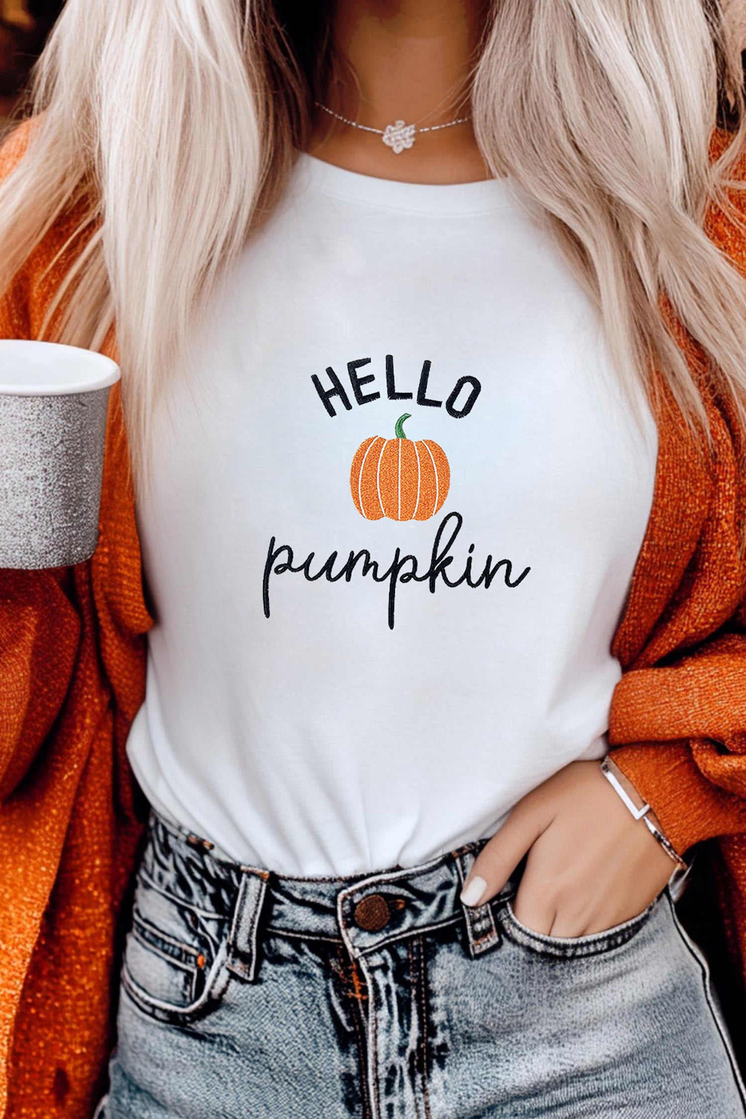 Embroidered Pumpkin Slogan Short Sleeve T-Shirt – White