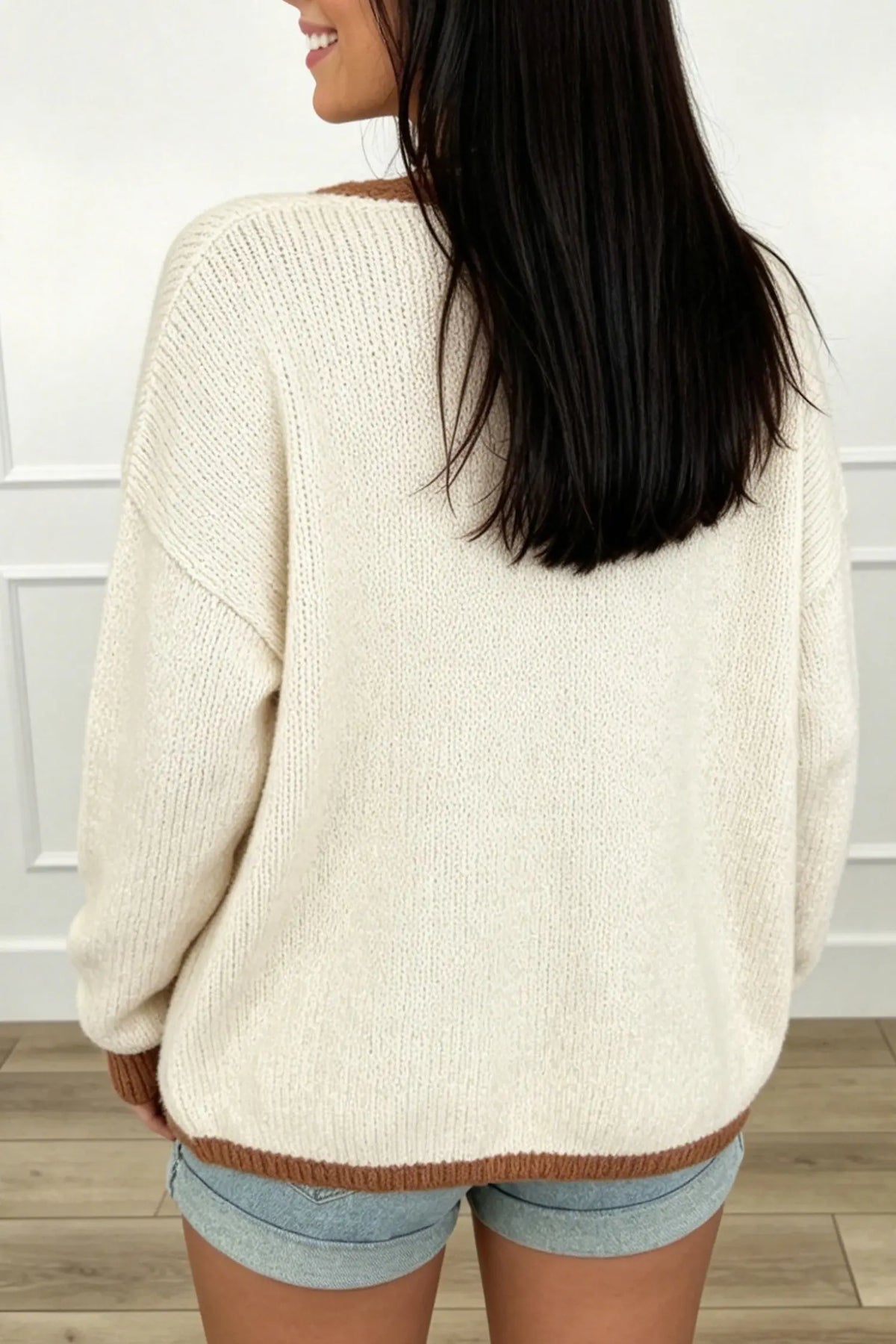 Cardigan Contrast Trim V-Neck Tie Front Loose Sweater