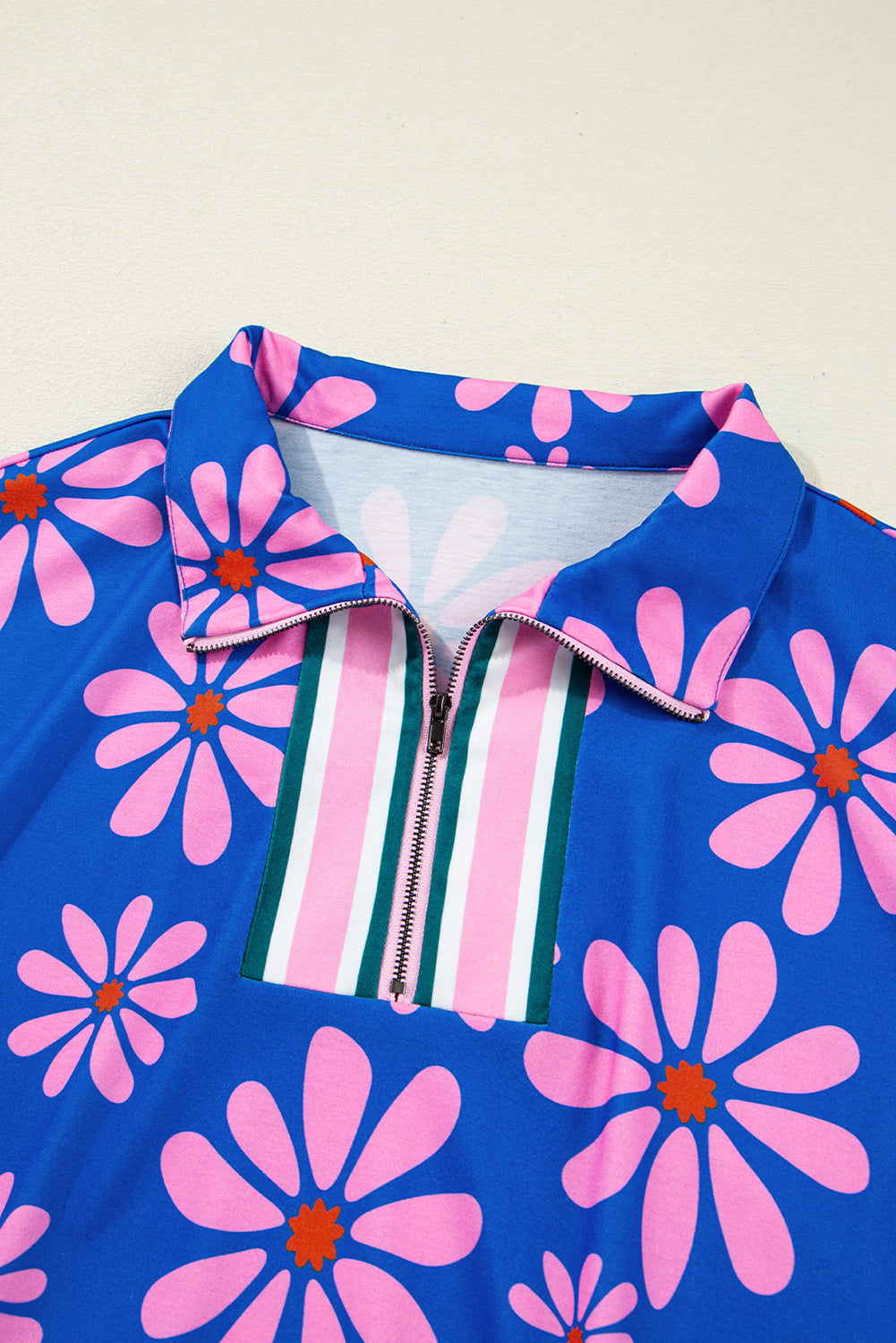 Floral Striped Quarter Zip Cap Sleeve Drawstring Waist Mini Dress eAura