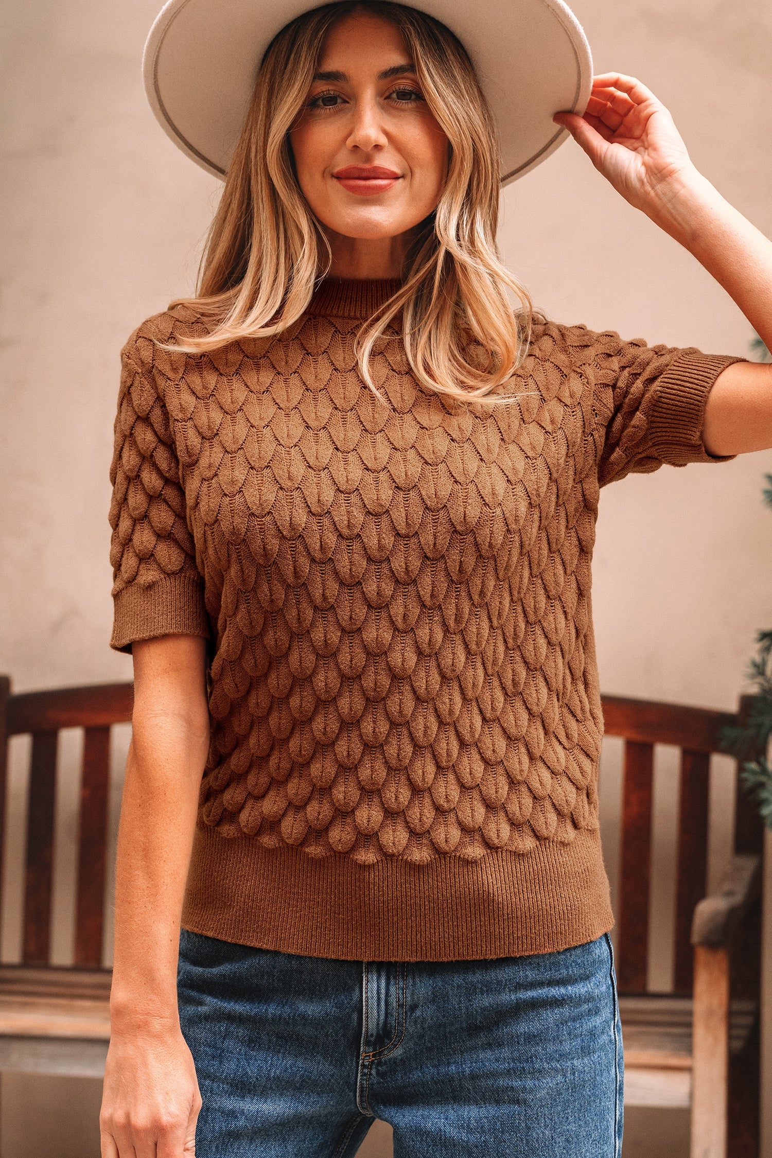 Fish Scale Textured Knit Ribbed High Neck Short Sleeve Sweater - eAura