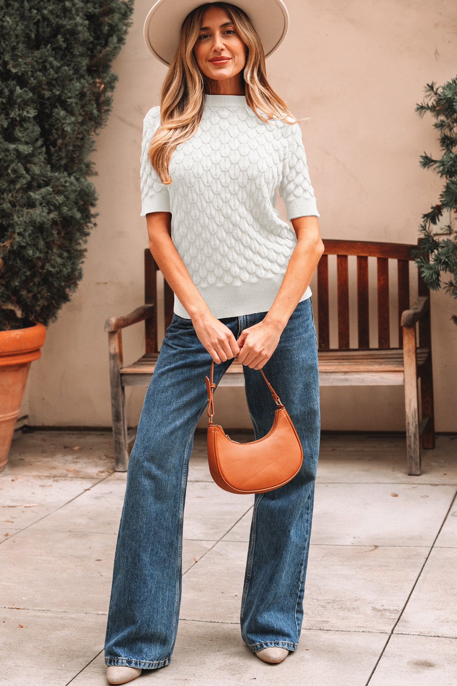 Fish Scale Textured Knit Ribbed High Neck Short Sleeve Sweater - eAura