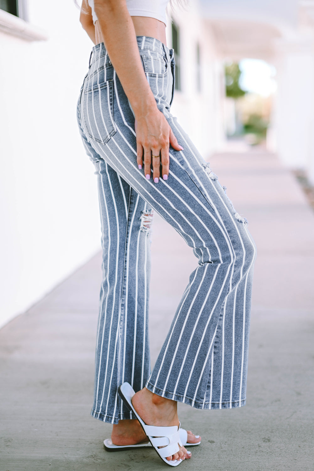 Sky Blue Vertical Striped Ripped Flare Jeans eAura