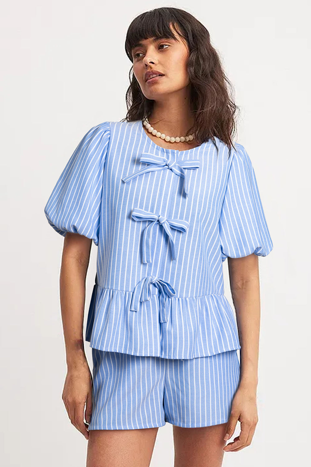 Sky Blue Striped Bowknot Detail Puffy Sleeve Top and Shorts 2Pcs Set eAura