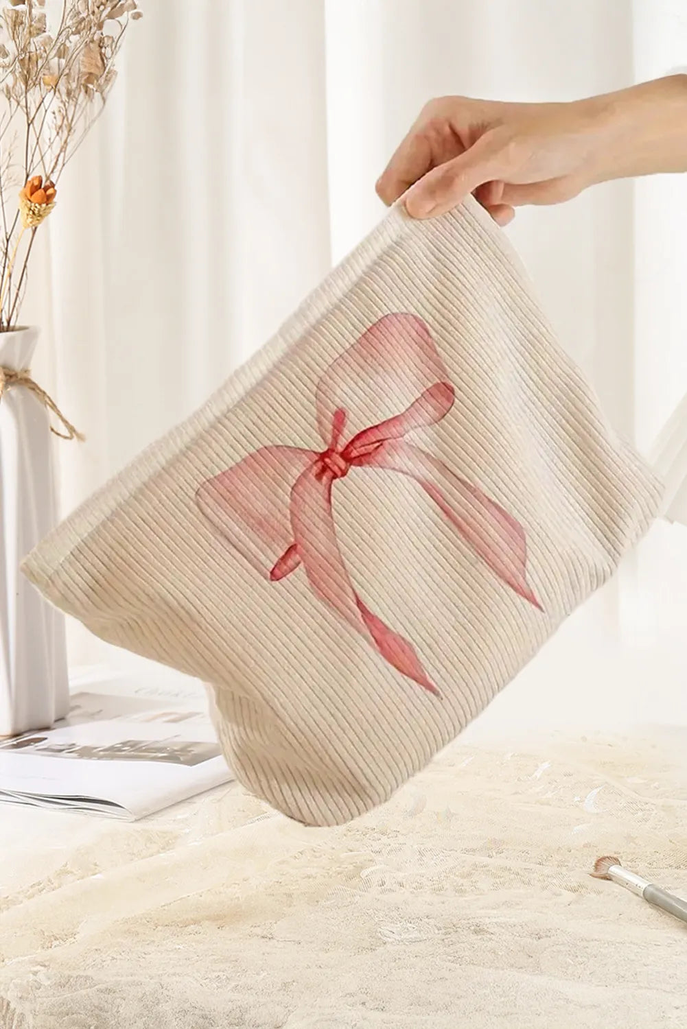 Bowknot Pattern Print Ribbed Zipper Large Cosmetic Bag