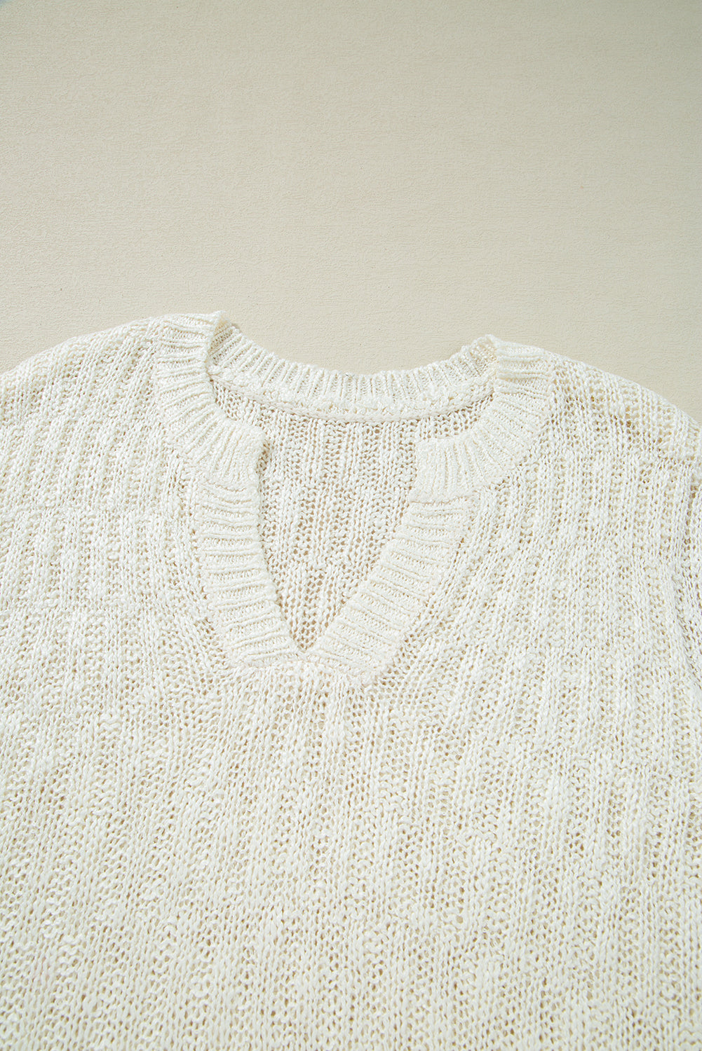 Beige Notched V Neck Short Sleeve Sweater eAura
