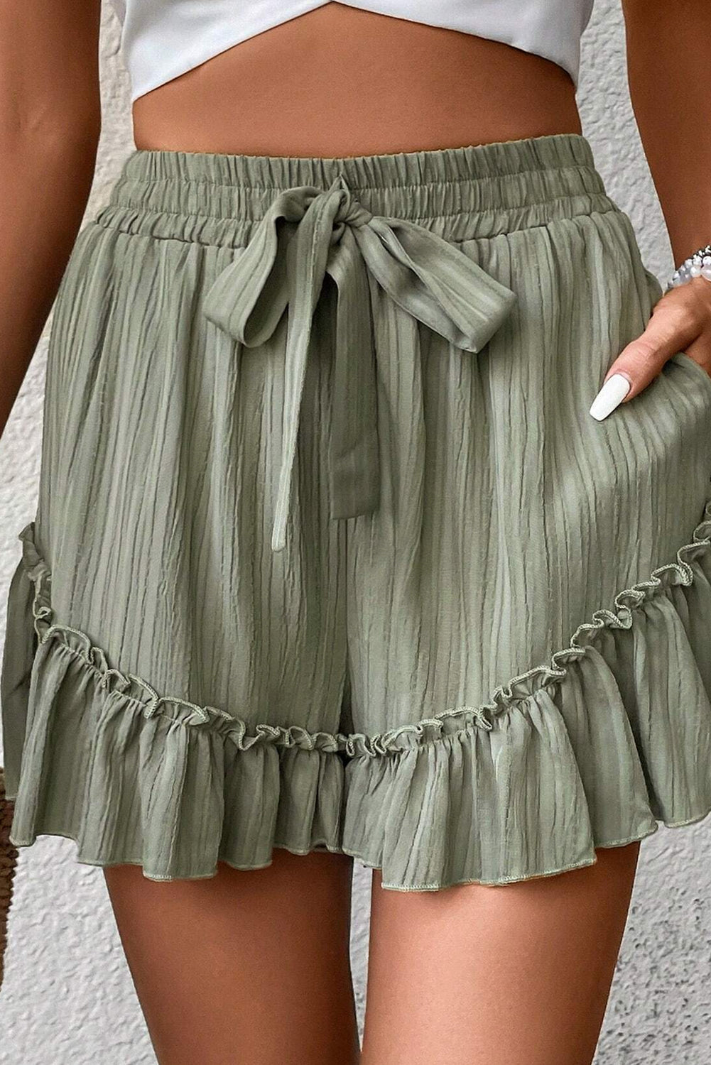 Laurel Green Textured Tie Waist Ruffle Hem Shorts eAura