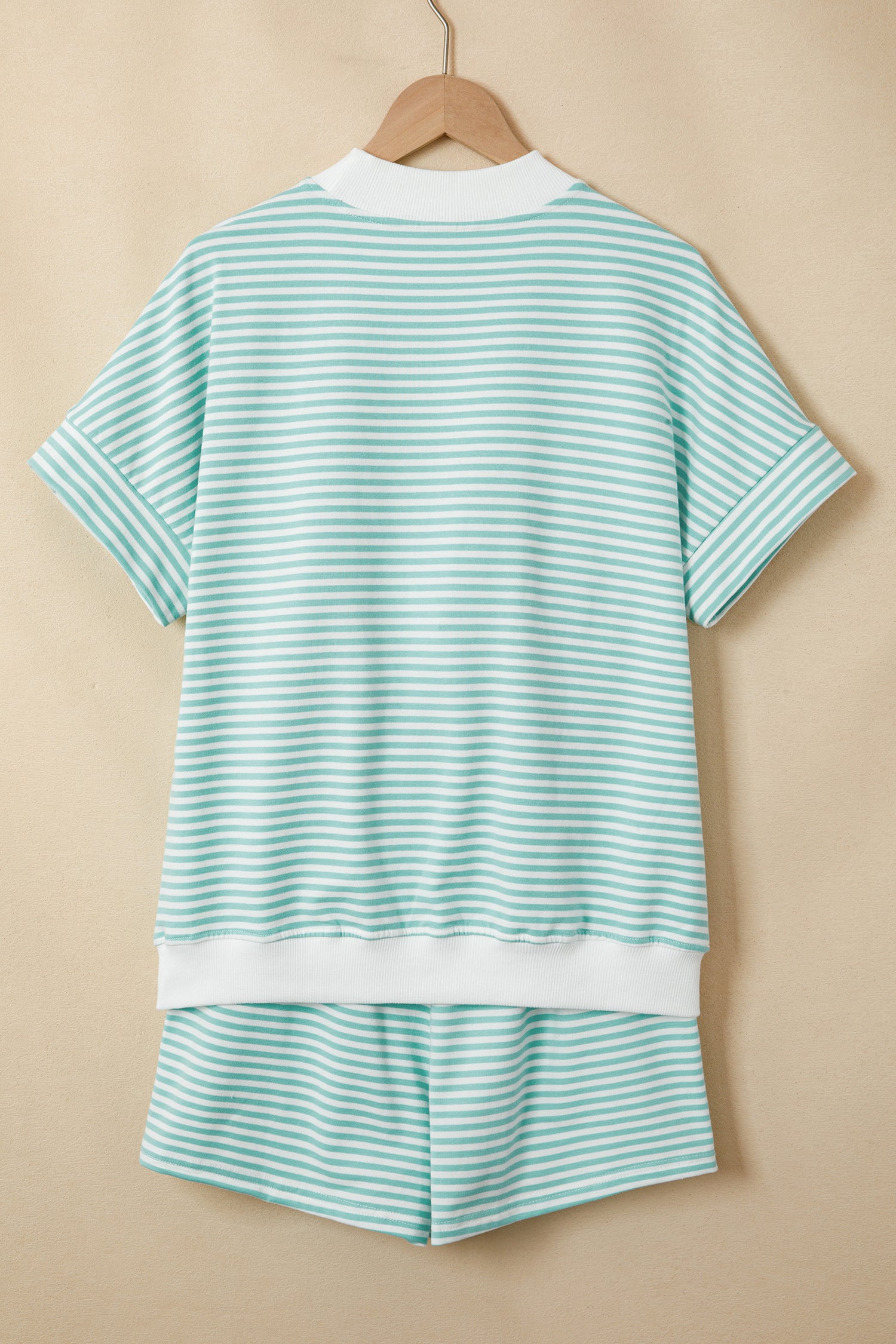 Stripe Cuffed Sleeve Contrast Mock Neck Tee Casual Co-ord Short Set