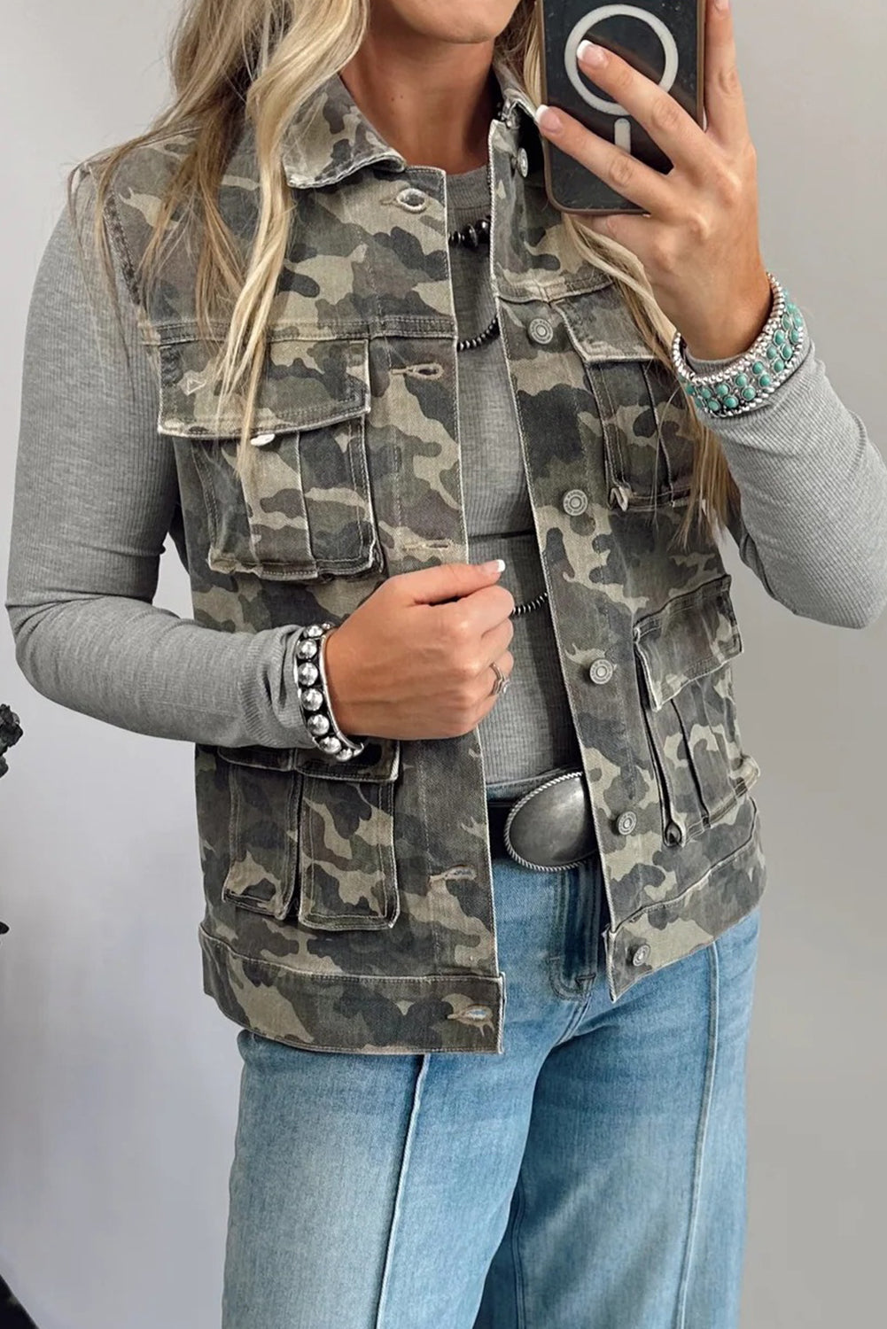 Green Camo Cargo Denim Vest - eAura
