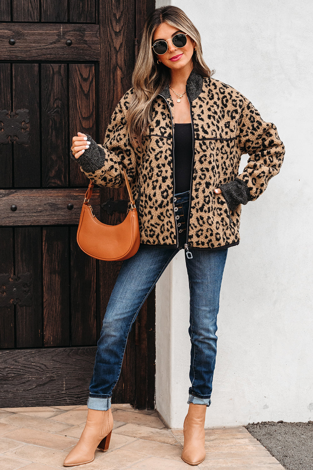 Leopard Print Zip-up Stand Neck Side Pocket Jacket eAura