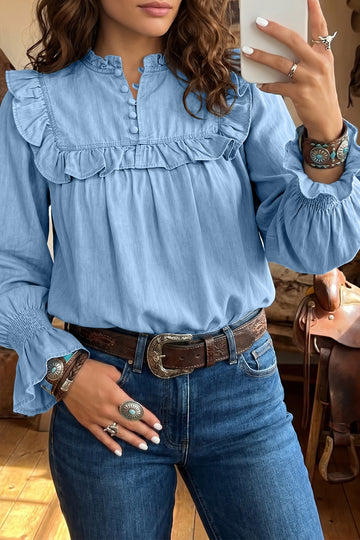 Beau Western Ruffle V Neck Long Sleeve Chambray Blouse – Blue