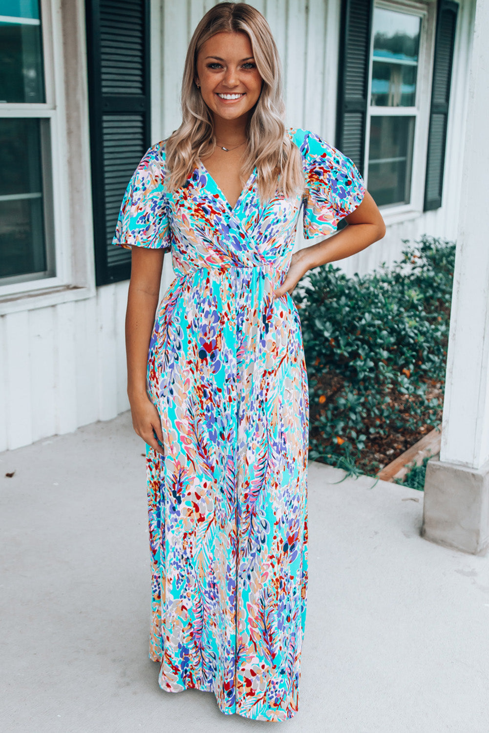 Wrap V Neck Floral Maxi Dress eAura