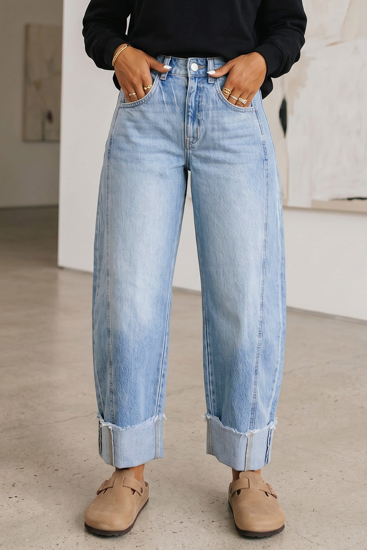 Raw Hem Turnup Loose Ankle-length Jeans – Sail Blue