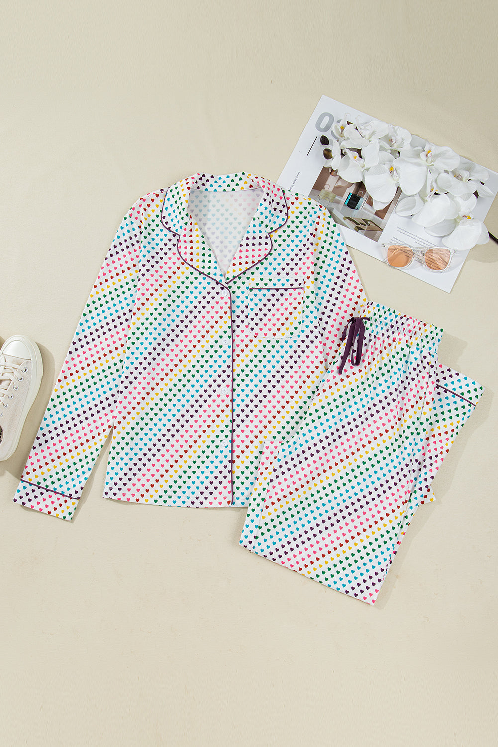 White Heart Print Long Sleeve Pyjama Set - eAura