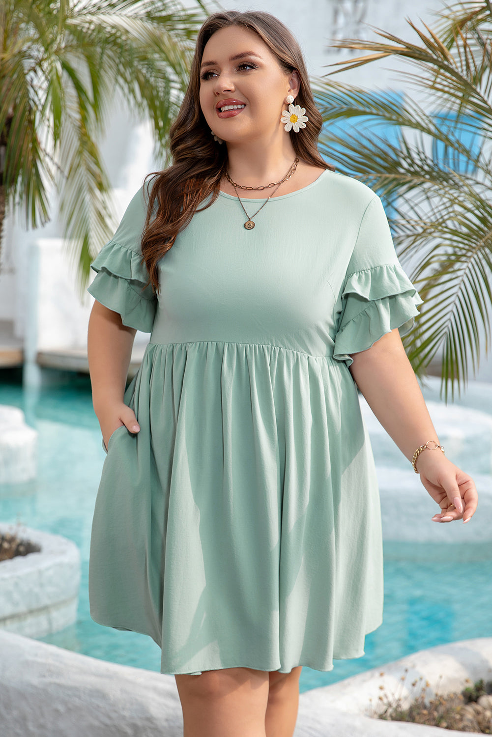 Grass Green Ruffle Trim Short Sleeve Plus Size Flared Mini Dress BB Fashion Outlet