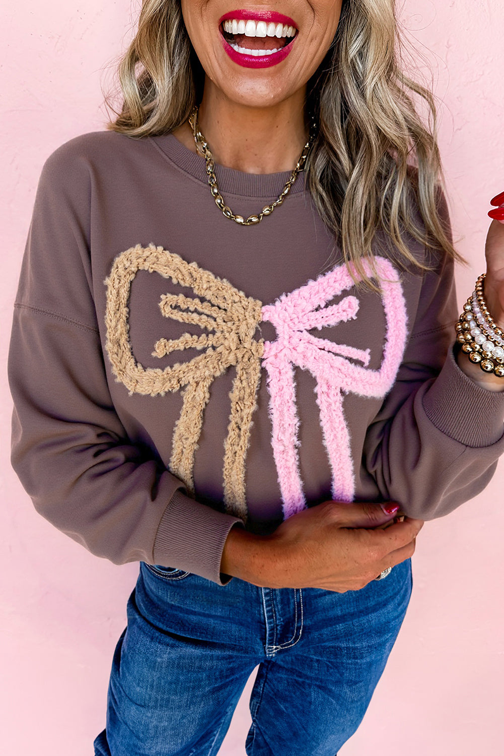 Terry Bow Pattern Drop Shoulder Sweatshirt