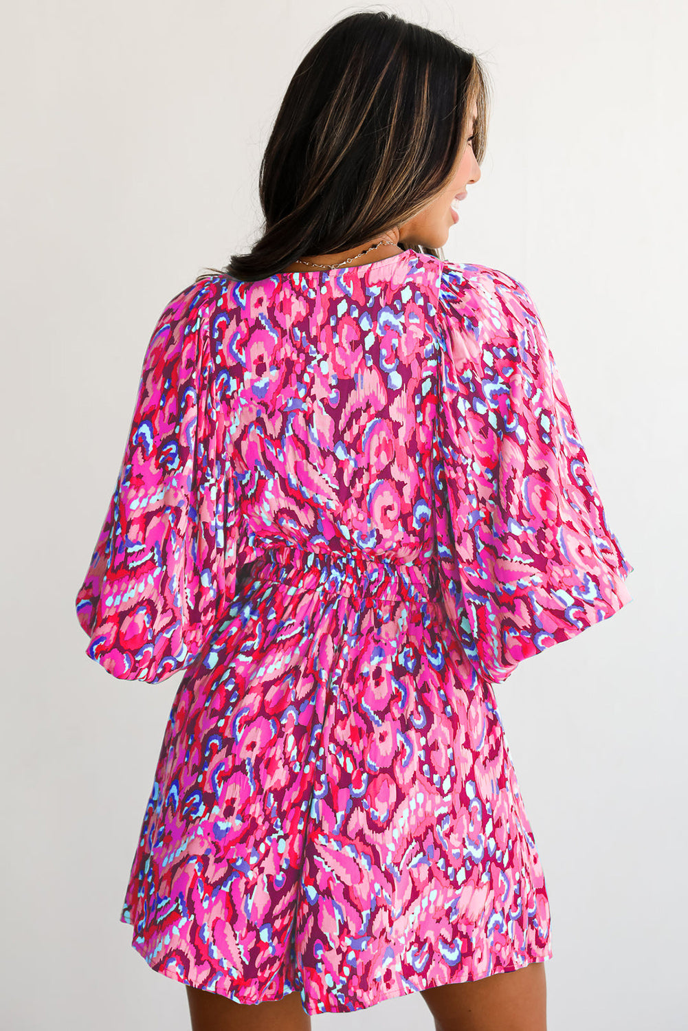 Pink Abstract Print Puff Sleeve V Neck High Waist Romper eAura