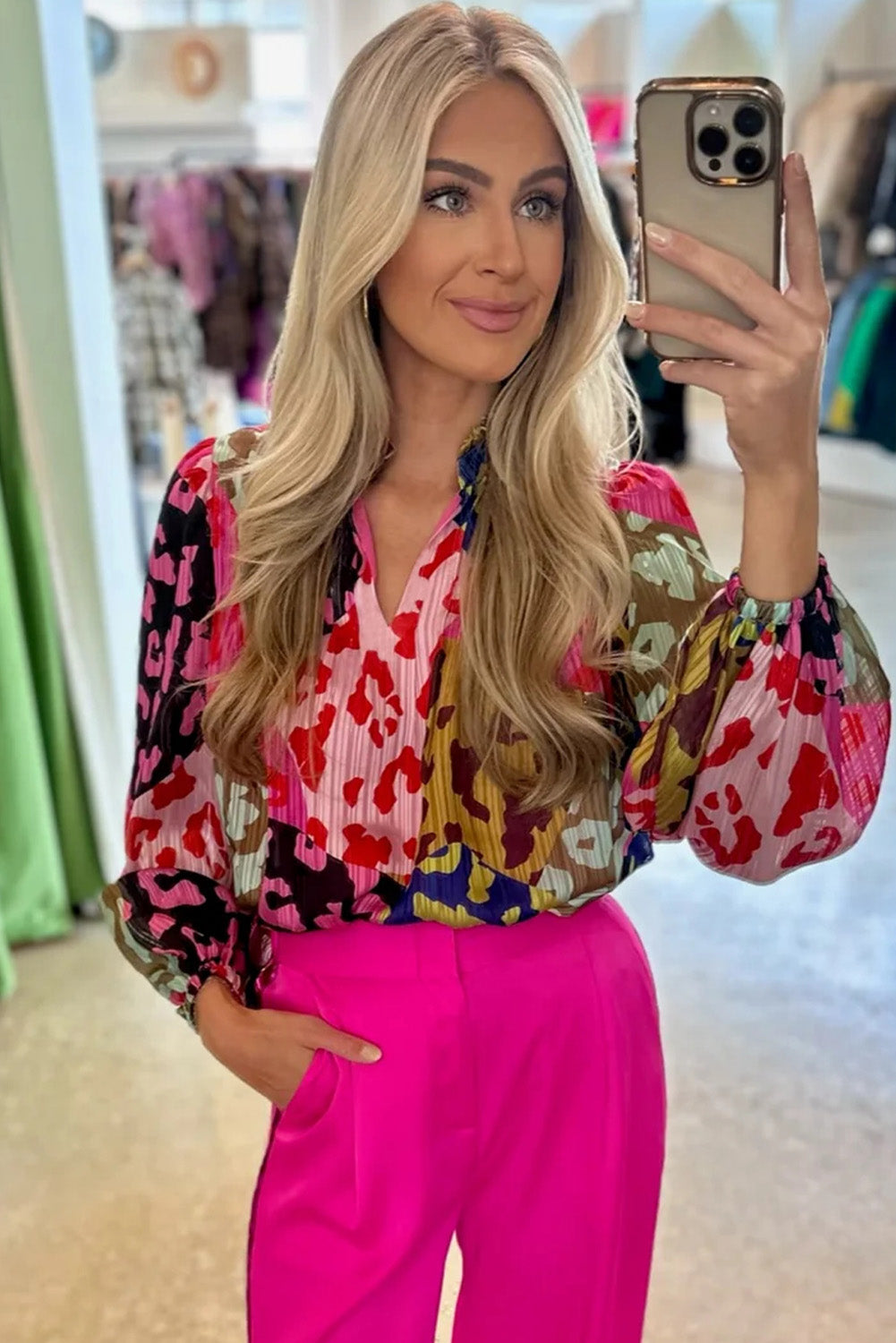 Rose Leopard Patchwork Print Pleated Blouse BB Fashion Outlet