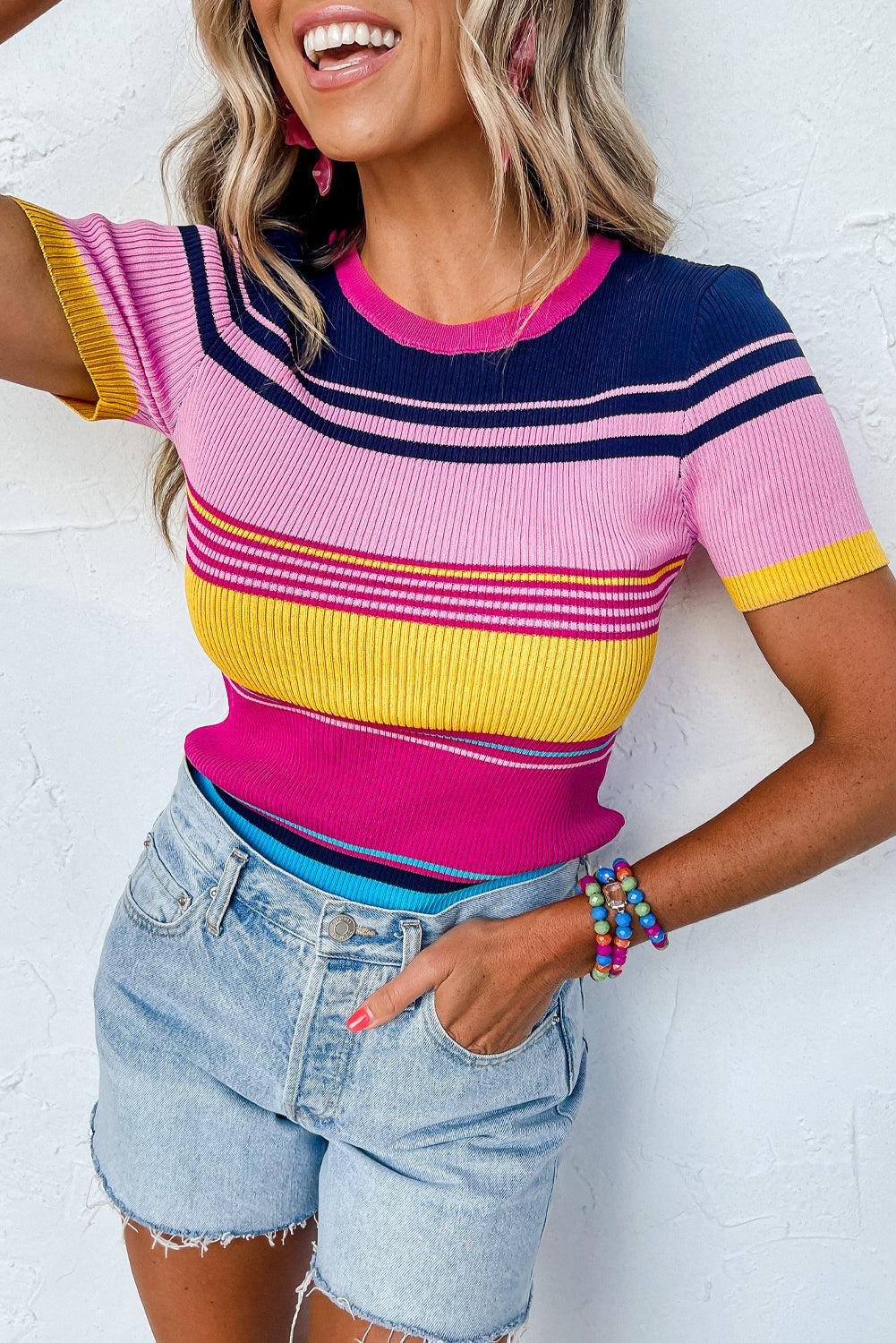 Pink Mixed Stripes Ribbed Knit Top eAura