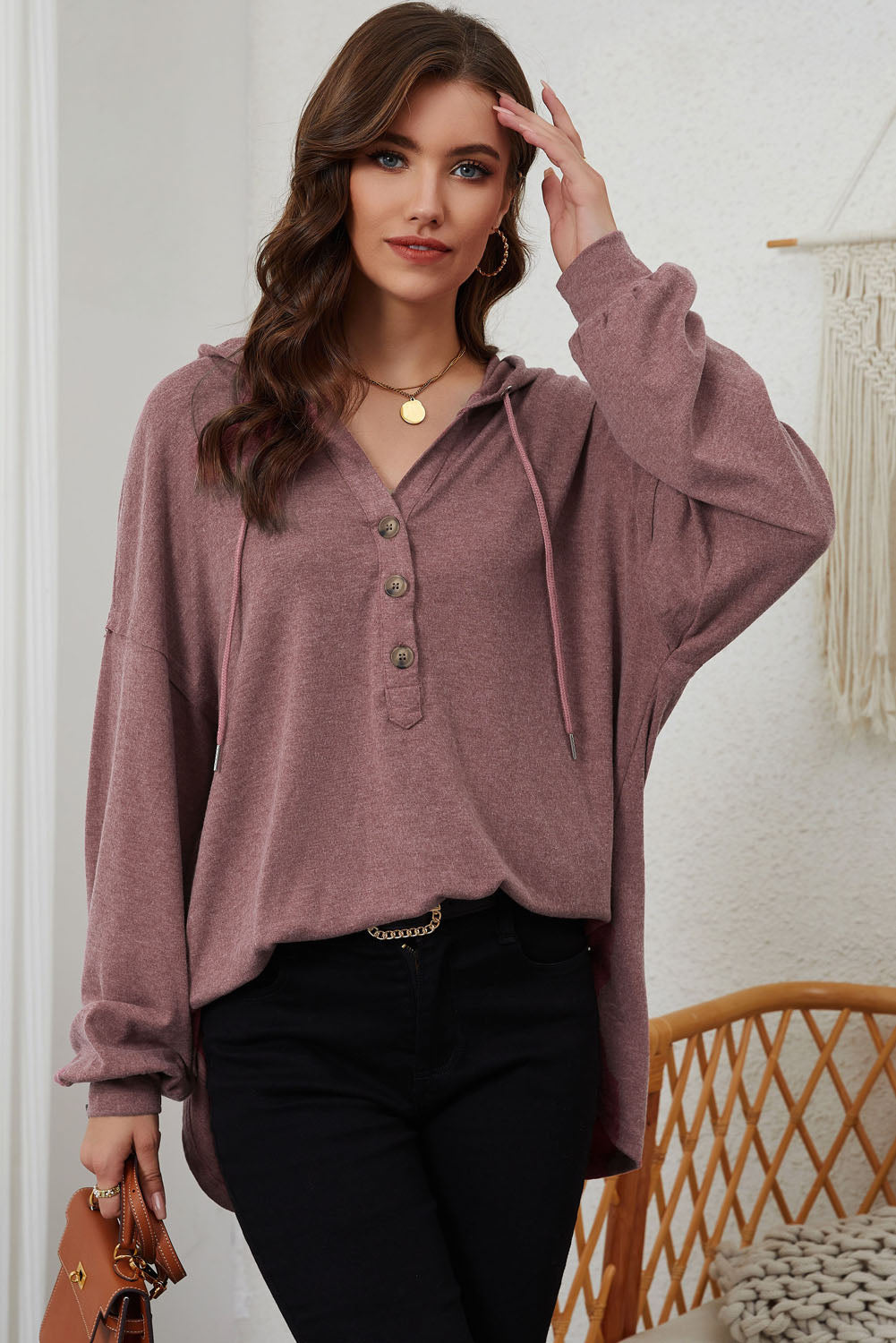 Buttoned High and Low Hem Hoodie eAura