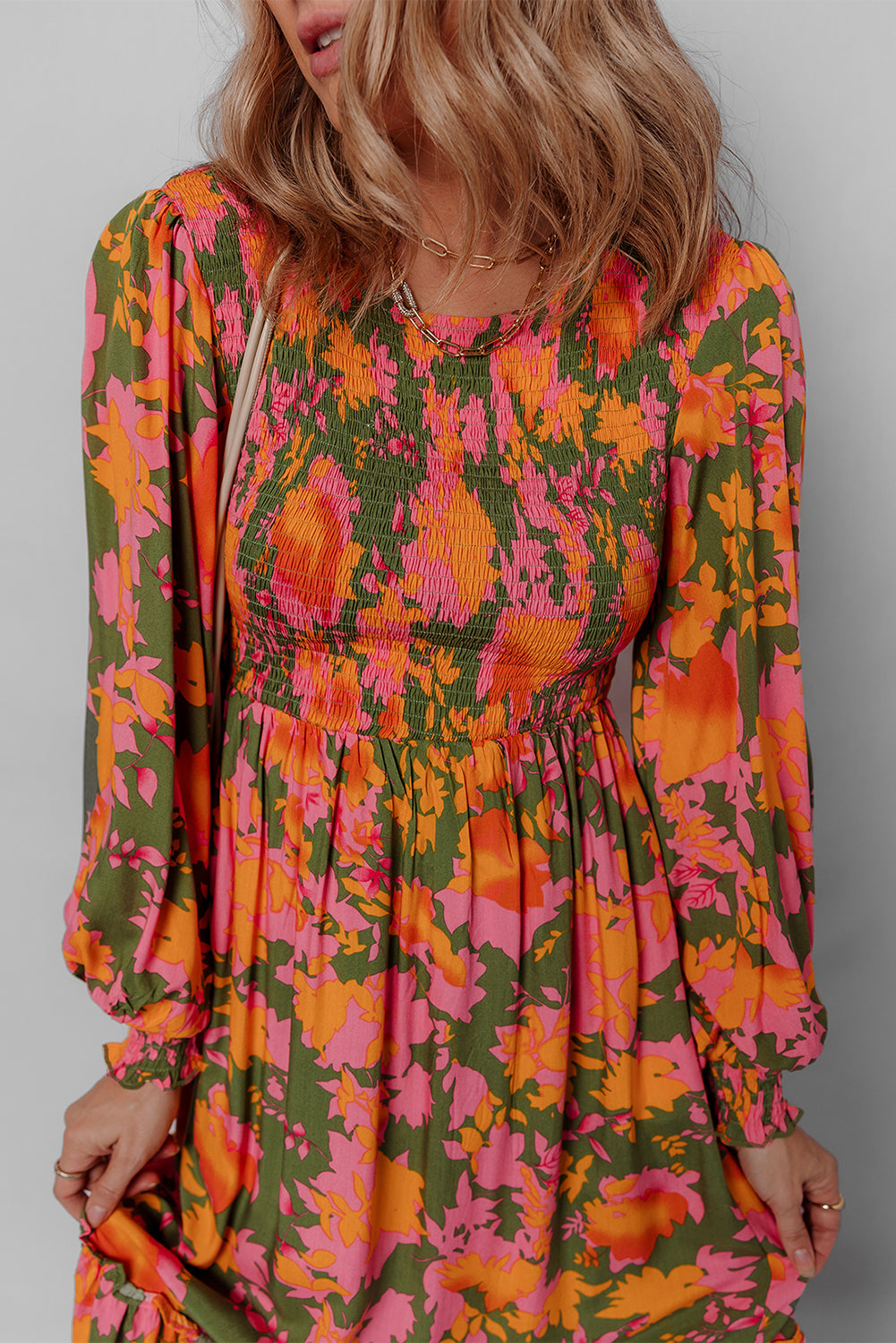 Floral Puff Sleeve Smocked Bodice Ruffled Long Dress - eAura