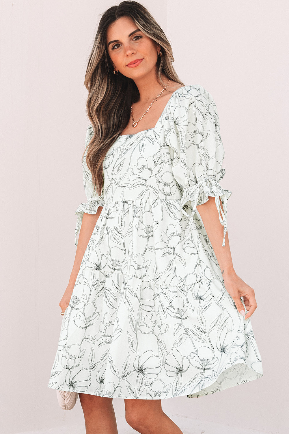 Beige Floral Print Square Neck Shirred Back Puff Sleeve Mini Dress eAura