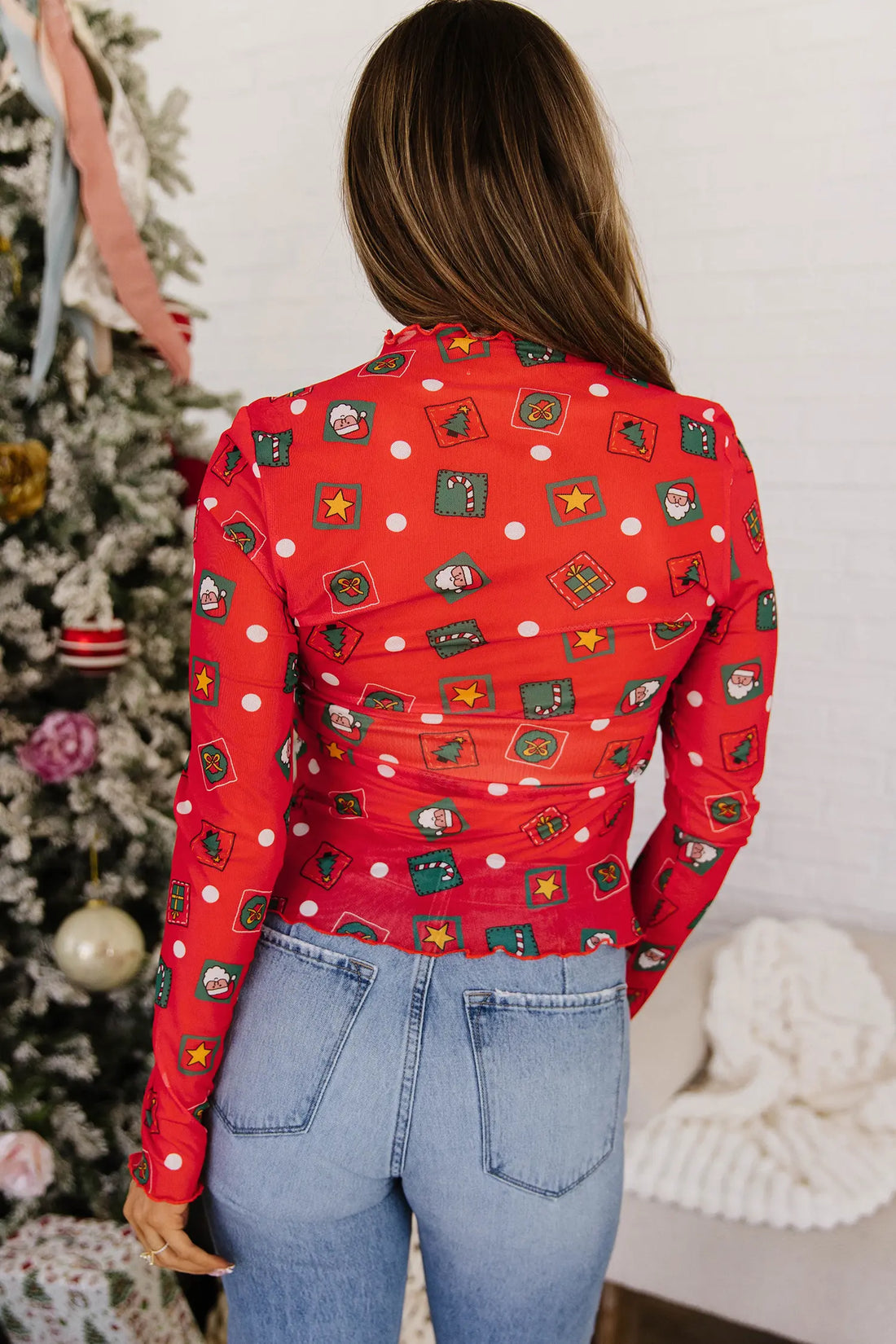 Christmas Elements Printed Long Sleeve Sheer Mesh Top
