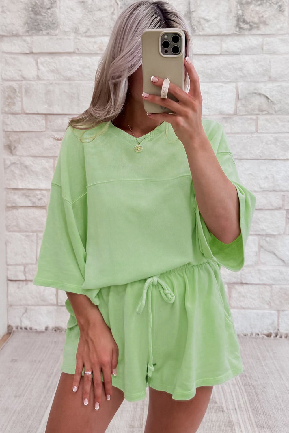Meadow Mist Green Solid Loose V Neck Half Sleeve Tee and Shorts eAura