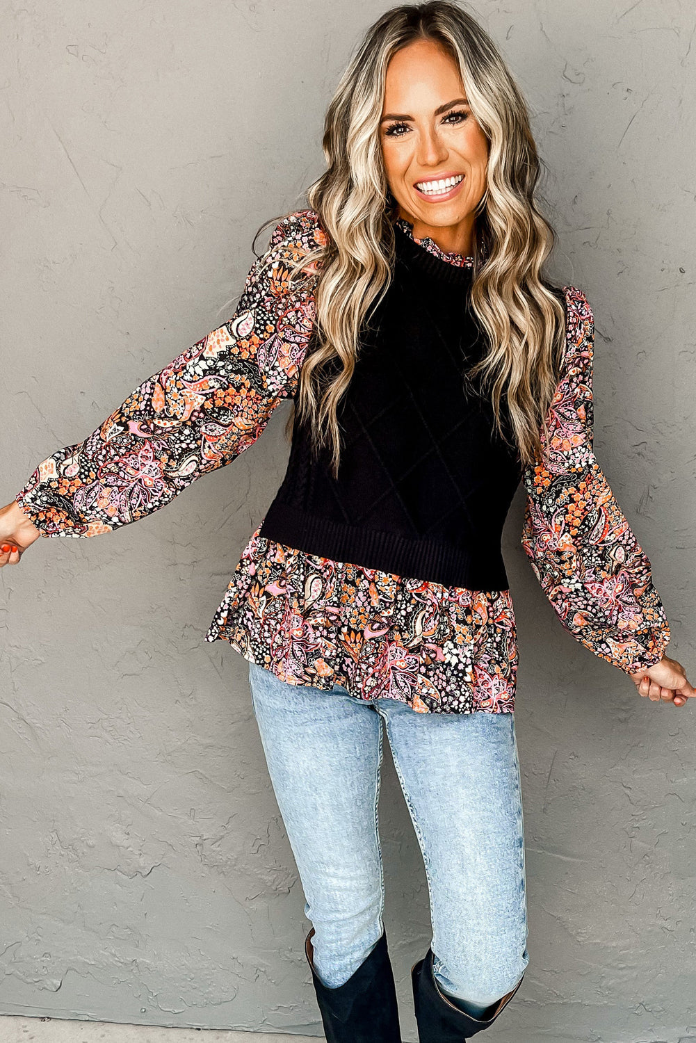 Black Contrast Floral Sleeve Peplum Sweater eAura